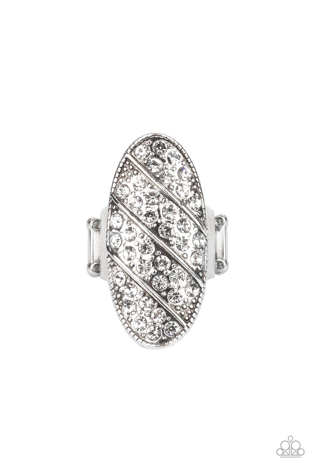 Galactic Glitz - White Ring rows of glassy white rhinestones slant across a stretched oval frame dotted in silver studs, creating a dramatic centerpiece atop the finger. Features a stretchy band for a flexible fit.  Sold as one individual ring.  Paparazzi Jewelry is lead and nickel free so it's perfect for sensitive skin too!