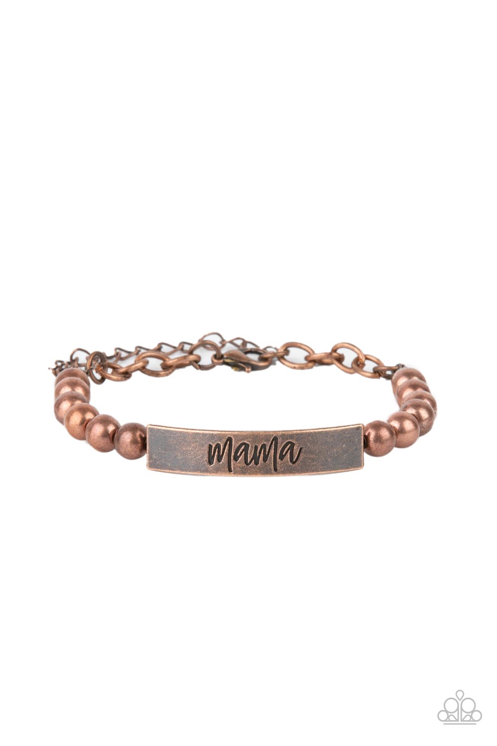 Mom Squad - Copper Bead Bracelets stamped in the word, "Mama," a curved copper plate attaches to strands of copper beads threaded along invisible wire around the wrist, creating a sentimental centerpiece. Features an adjustable clasp closure. Sold as one individual bracelet.