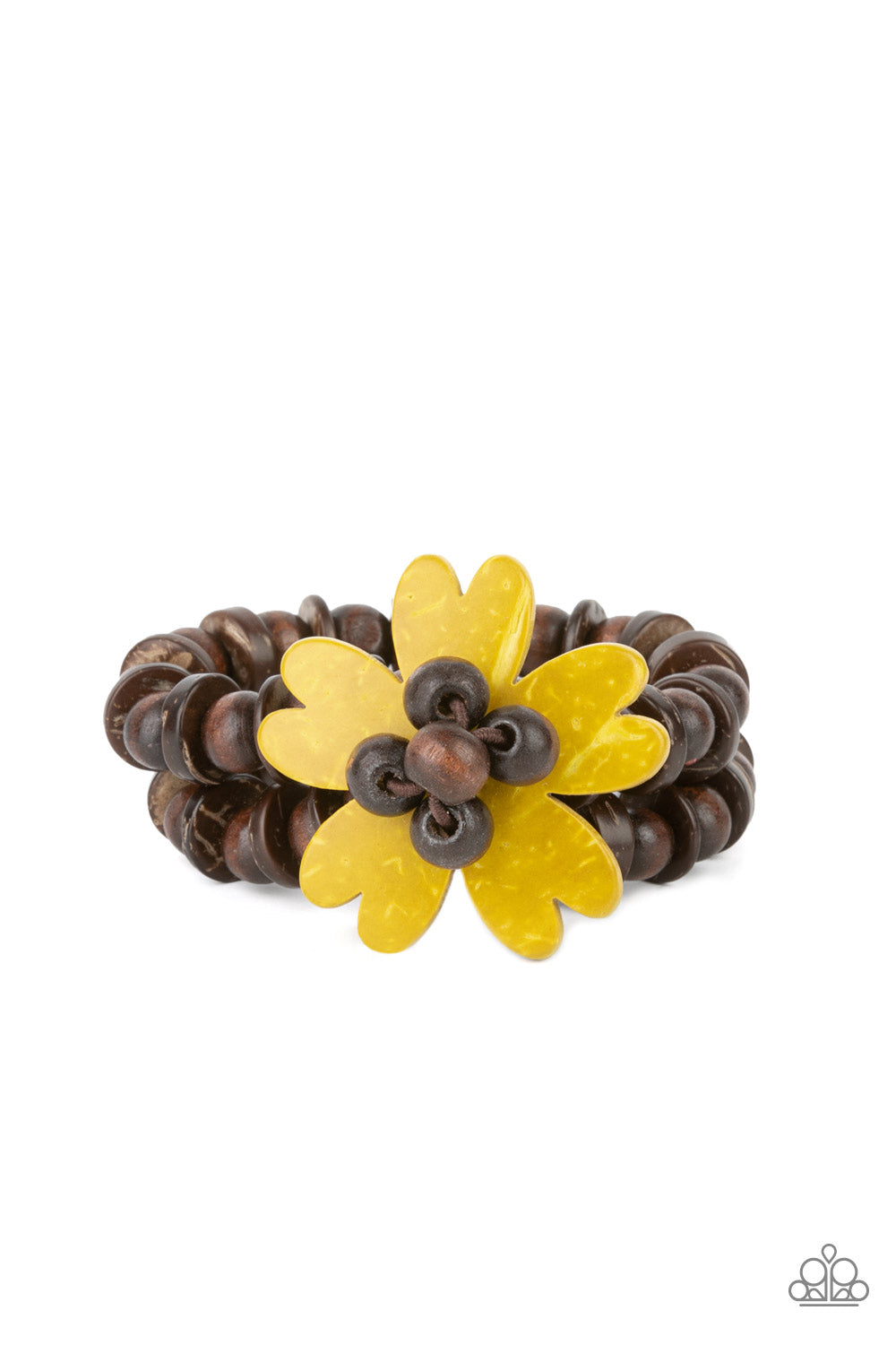 Paparazzi Tropical Flavor - Yellow Wood Bracelets featuring heart-shaped petals, a sunny yellow wooden flower sits atop double strands of wooden beads threaded along stretchy bands for a tropical flair atop the wrist. Sold as one individual bracelet.