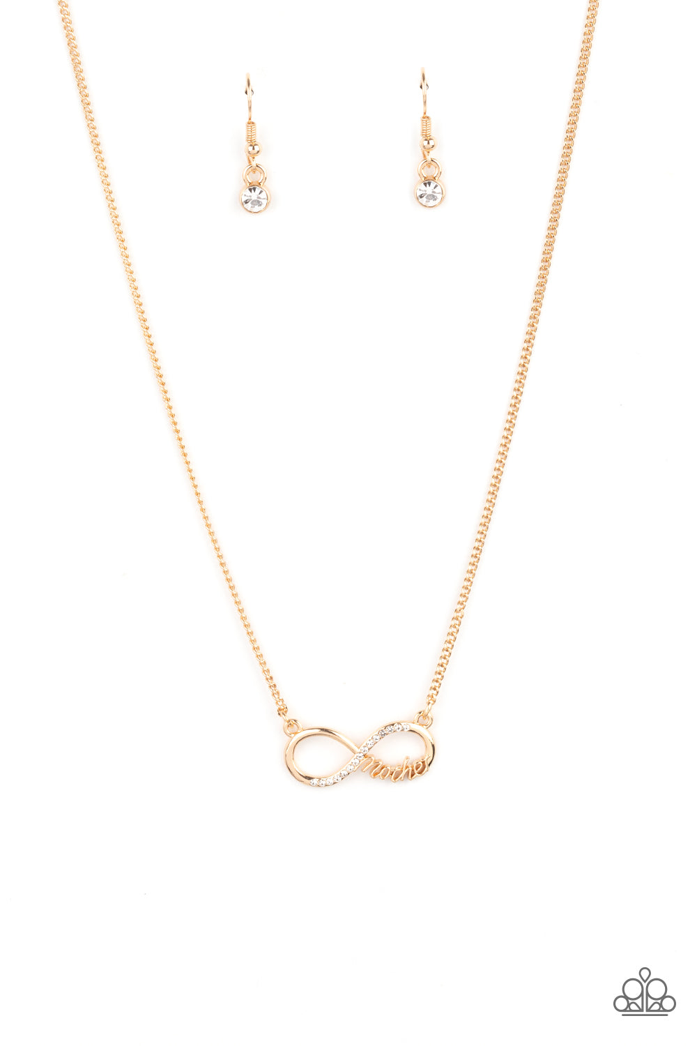 Forever Your Mom - Gold Infinity Necklaces a bright gold infinity symbol features the word "Mother" in filigree script across the bottom. A row of sparkly dainty rhinestones travels across the curve creating a lovingly charming sentiment as it connects to a dainty gold chain below the collar. Features an adjustable clasp closure. Sold as one individual necklace. Includes one pair of matching earrings.