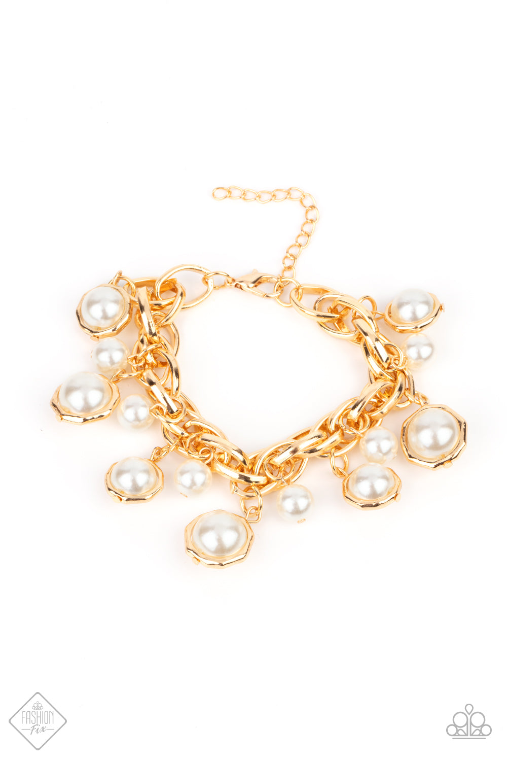 Orbiting Opulence - Gold Pearl Bracelets classic white pearls and solitaire pearls that are threaded along a rod inside imperfect gold rings swing from a chunky double-linked gold chain around the wrist, creating a dramatic fringe. Features an adjustable clasp closure. Sold as one individual bracelet.