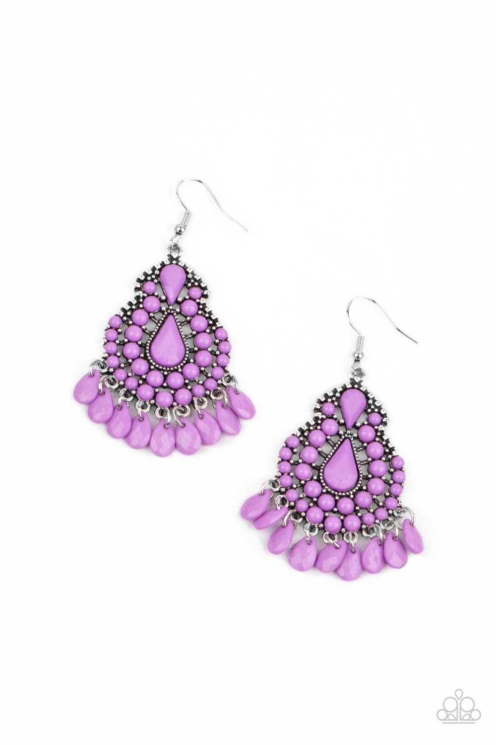 Paparazzi Accessories Persian Posh - Purple Fishhook Earrings amethyst Orchid beads dress up an irregular-shaped antiqued silver teardrop frame. A row of faceted teardrop beads create a flirty fringe along the bottom of the frame for a posh finish. Earring attaches to a standard fishhook fitting.