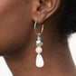 Boulevard Stroll - Multi Square Bead Earrings a charismatic collection of jade, pink, and white stone beads, accented with a silver faceted square bead, are threaded onto a silver pin which dangles from a dainty silver hoop. Earring attaches to a standard post fitting. Hoop measures approximately 3/4" in diameter.  Sold as one pair of hoop earrings.