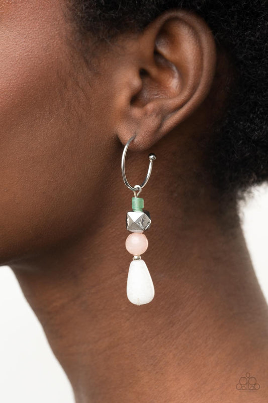 Boulevard Stroll - Multi Square Bead Earrings a charismatic collection of jade, pink, and white stone beads, accented with a silver faceted square bead, are threaded onto a silver pin which dangles from a dainty silver hoop. Earring attaches to a standard post fitting. Hoop measures approximately 3/4" in diameter.  Sold as one pair of hoop earrings.