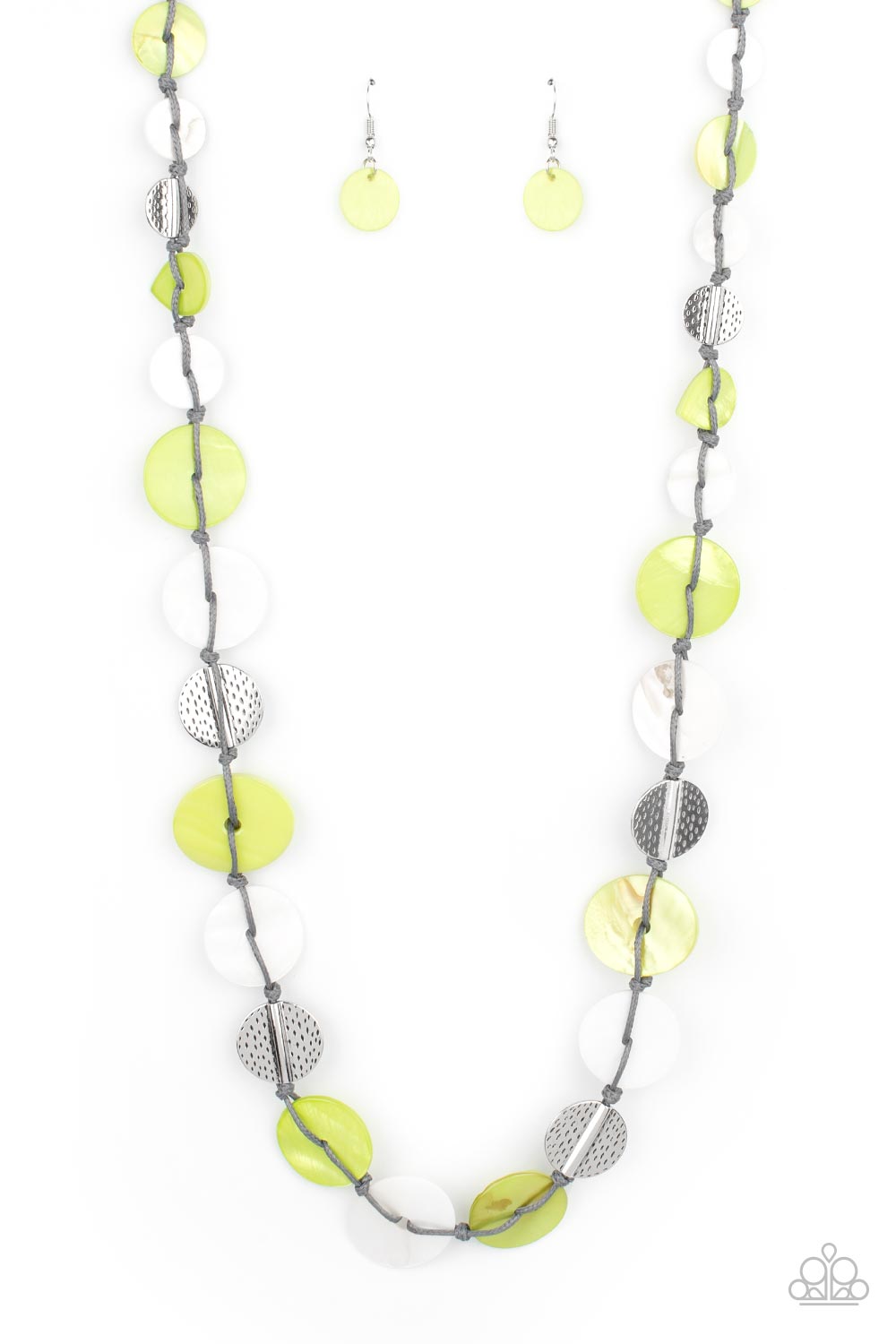 Paparazzi Accessories Seashore Spa - Green Necklaces infused with hammered silver discs, an assortment of green and white shell-like discs are knotted in place along a gray cord, creating a summery display across the chest. Features an adjustable clasp closure.