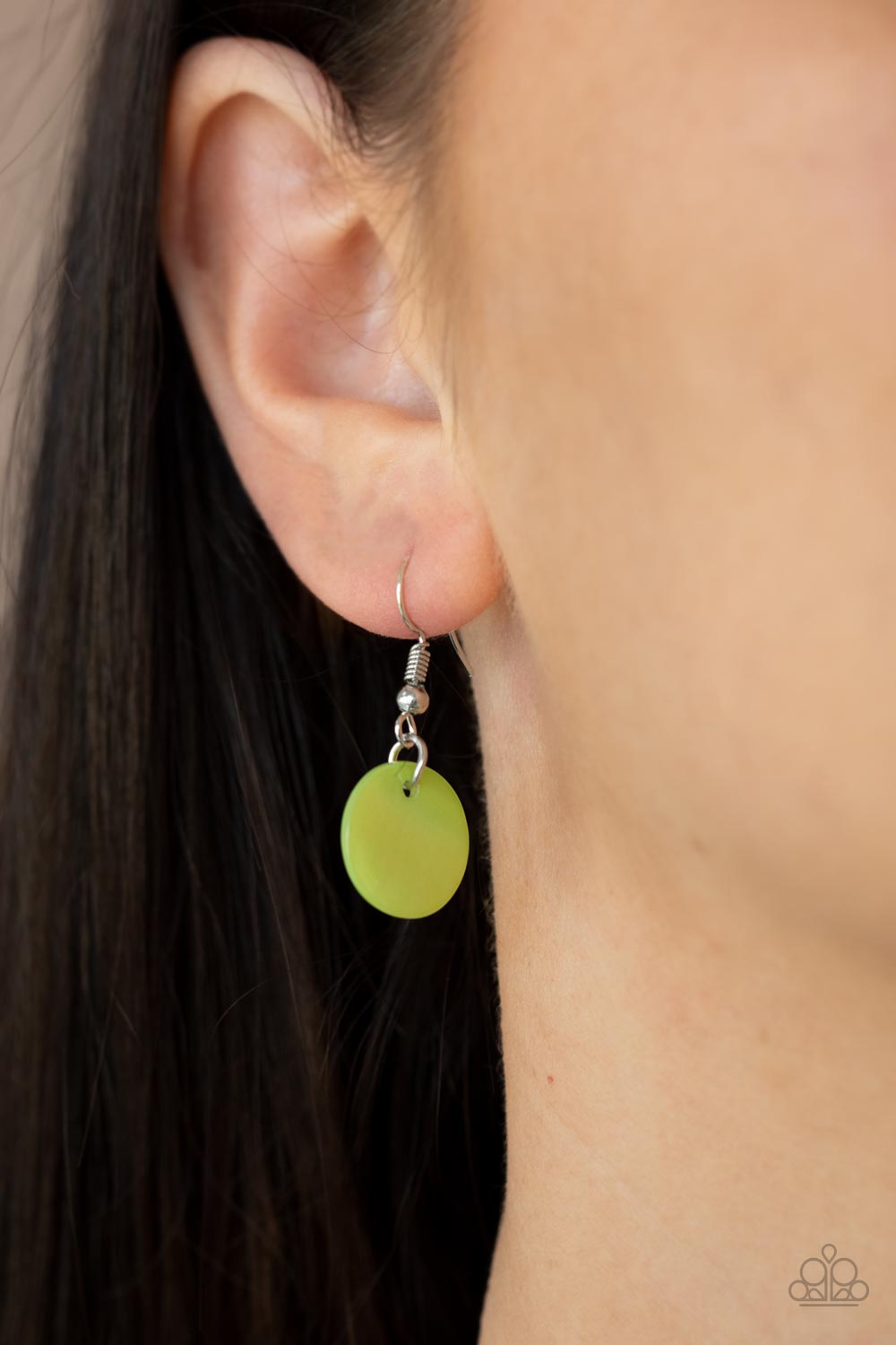 Paparazzi Accessories Seashore Spa - Green Necklaces infused with hammered silver discs, an assortment of green and white shell-like discs are knotted in place along a gray cord, creating a summery display across the chest. Features an adjustable clasp closure.