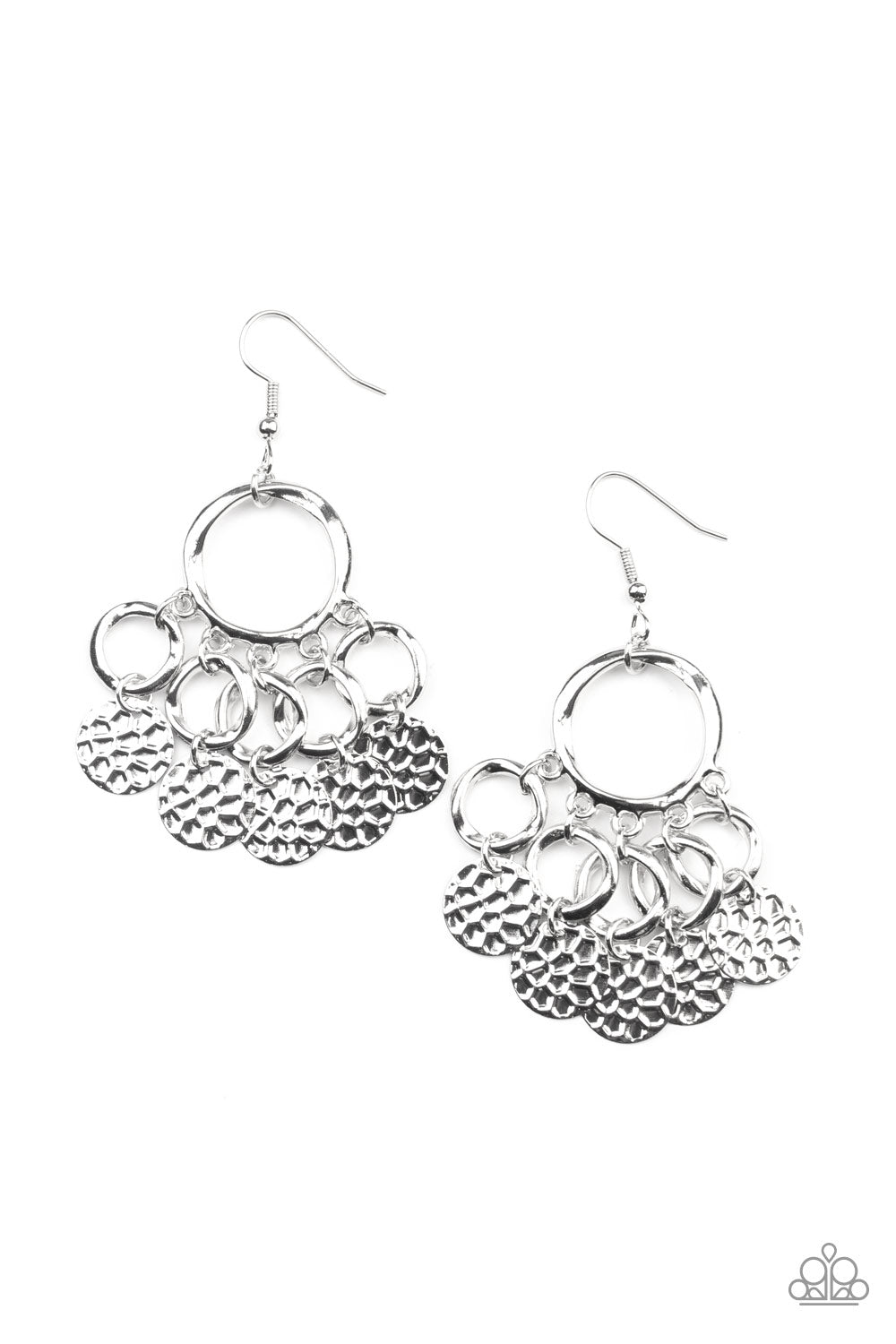 Partners in Chime - Silver Earrings Embossed in tactile geometric patterns, shiny silver discs swing from the bottom of dainty silver rings at the bottom of an asymmetrical silver ring for a noise-making fashion. Earring attaches to a standard fishhook fitting. Sold as one pair of earrings. Paparazzi Jewelry is lead and nickel free so it's perfect for sensitive skin too!