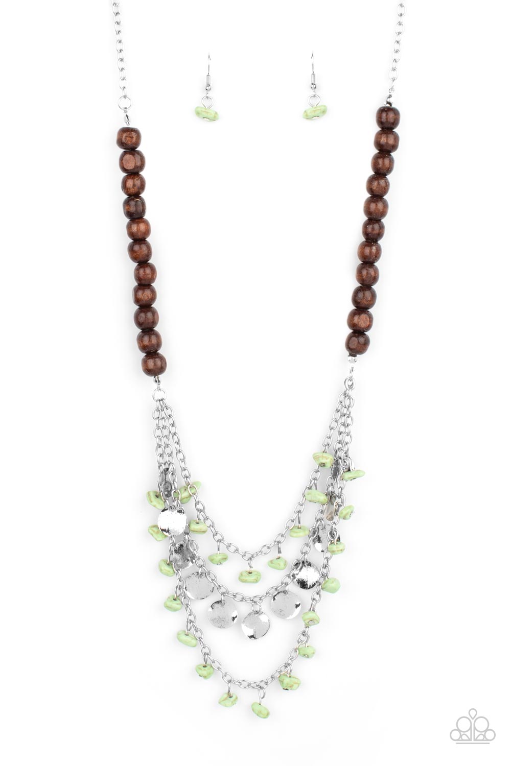 Plains Paradise - Green Wood Necklaces adorned with green pebbles and hammered silver discs, three silver chains layer from strands of brown wooden beads, creating an earthy fringe below the collar. Features an adjustable clasp closure. Sold as one individual necklace. Includes one pair of matching earrings.