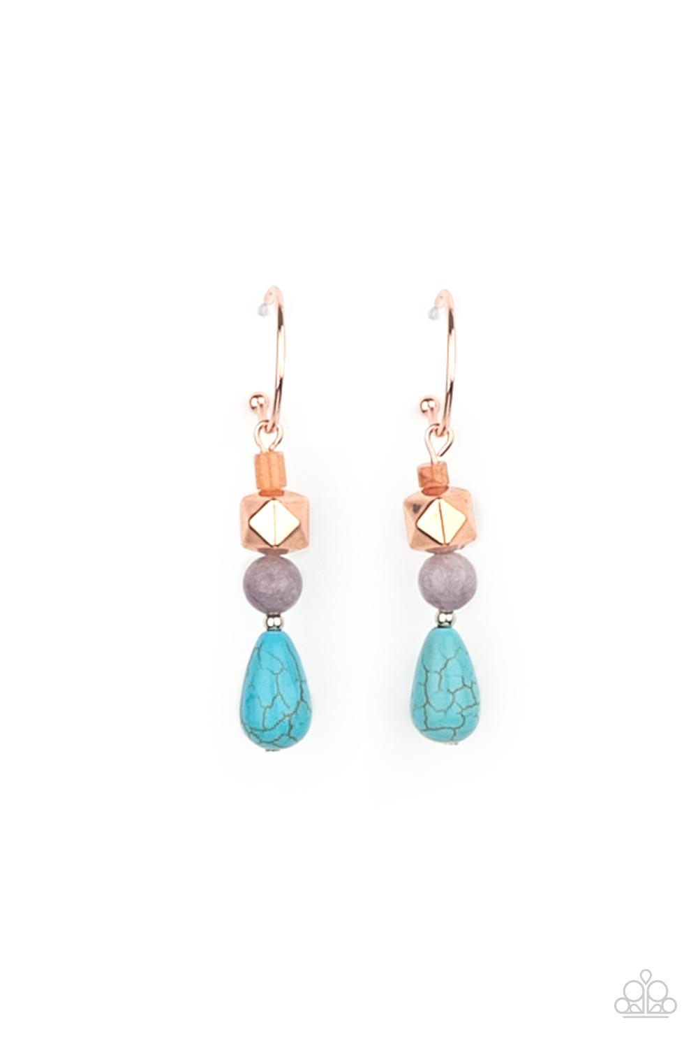 Boulevard Stroll - Copper Faceted Hoop Earrings a charismatic collection of glassy, amethyst, and turquoise stone beads, accented with a shiny copper faceted square bead, are threaded onto a pin which dangles from a dainty shiny copper hoop. Earring attaches to a standard post fitting. Hoop measures approximately 3/4" in diameter. Sold as one pair of hoop earrings. Paparazzi Jewelry is lead and nickel free so it's perfect for sensitive skin too!