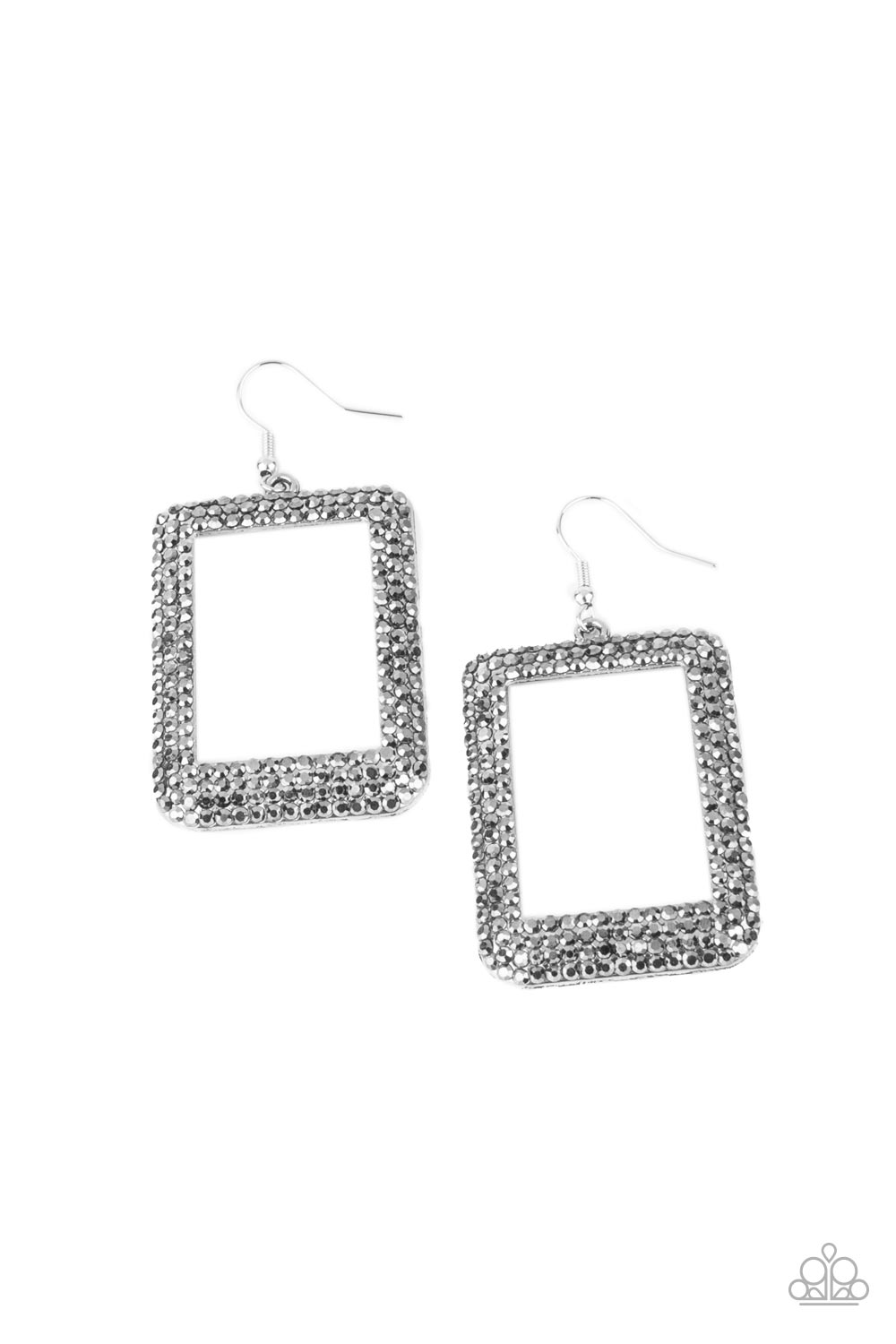 Paparazzi Accessories World FRAME-OUS - Silver Fishhook Earrings bordered in rows of smoky hematite rhinestones, an oversized silver rectangular frame swings from the ear for a fashionable finish. Earring attaches to a standard fishhook fitting.