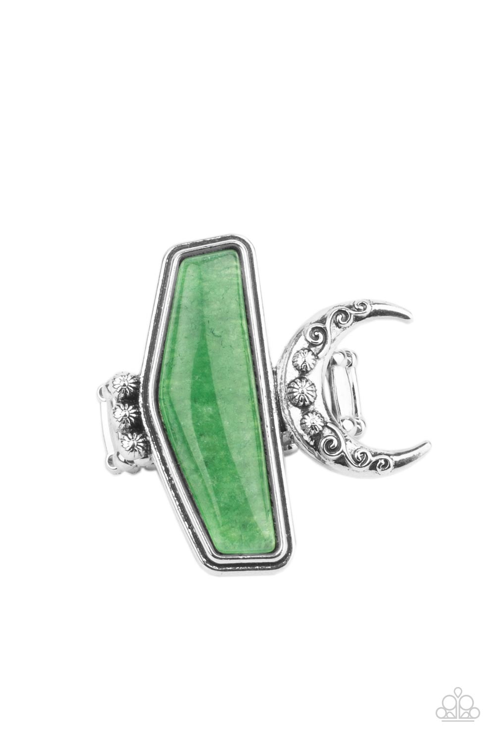 Cosmic Karma - Green Geometric Rings encased in a raised silver fitting, a geometric jade stone is flank by a decorative row of silver studs and an ornate half moon frame for a seasonal statement. The oversized frame is attentional, creating the illusion of multiple rings. Features a stretchy band for a flexible fit.