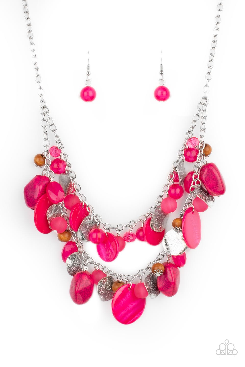 Spring Goddess - Pink Necklaces infused with wooden beads and silver discs, an earthy collection of glassy, opaque, and shell-like Raspberry Sorbet beads swing from two silver chains. The vivacious display effortlessly layers below the collar, creating a springtime inspired fringe. Features an adjustable clasp closure. Sold as one individual necklace. Includes one pair of matching earrings. Get The Complete Look! Bracelet: "Springtime Springs - Pink" (Sold Separately)