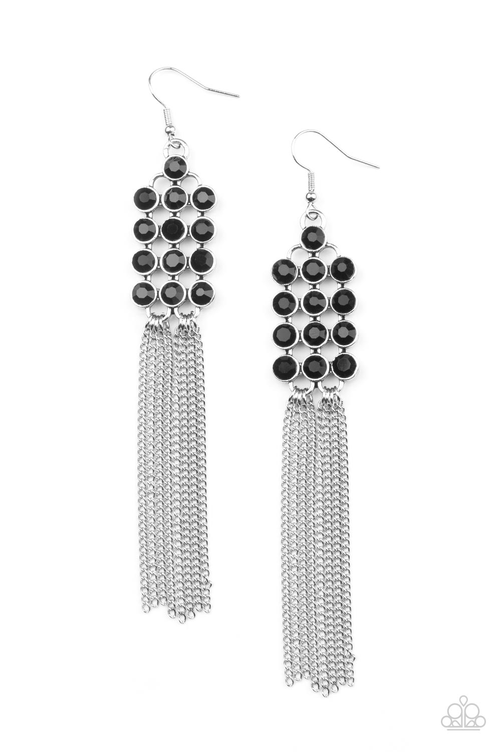 Tasteful Tassel - Black Rhinestone Earrings - Paparazzi Accessories encased in sleek silver fittings, rows of glittery black rhinestones stack into a sparkly frame. Dainty silver chains stream from the bottom of the dazzling frame, adding flirtatious movement to the timelessly tasseled display. Earring attaches to a standard fishhook fitting.