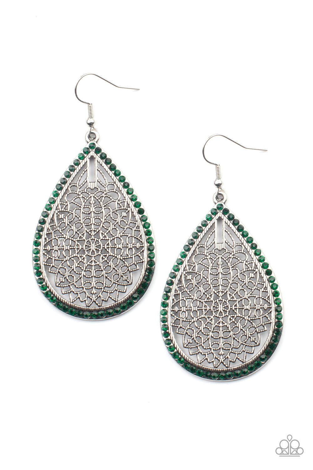 Fleur de Fantasy - Green Fishhook Earrings bordered in dainty green rhinestones, the center of an oversized silver teardrop is filled with an airy floral pattern for a seasonal flair. Earring attaches to a standard fishhook fitting.
Sold as one pair of earrings.
Paparazzi Jewelry is lead and nickel free so it's perfect for sensitive skin too!