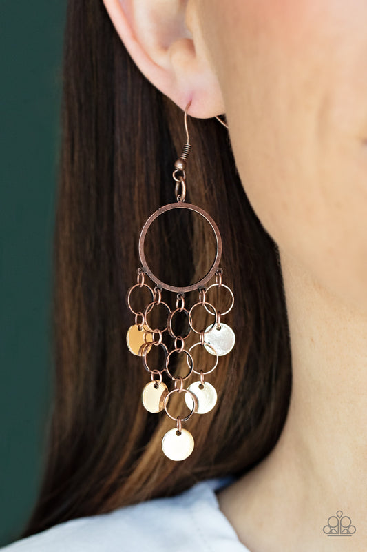 Paparazzi Cyber Chime - Multi Earrings tapered rows of gold discs and dainty copper rings cascade from the bottom of an airy copper hoop, creating a chime-like fringe. Earring attaches to a standard fishhook fitting.  Sold as one pair of earrings.
