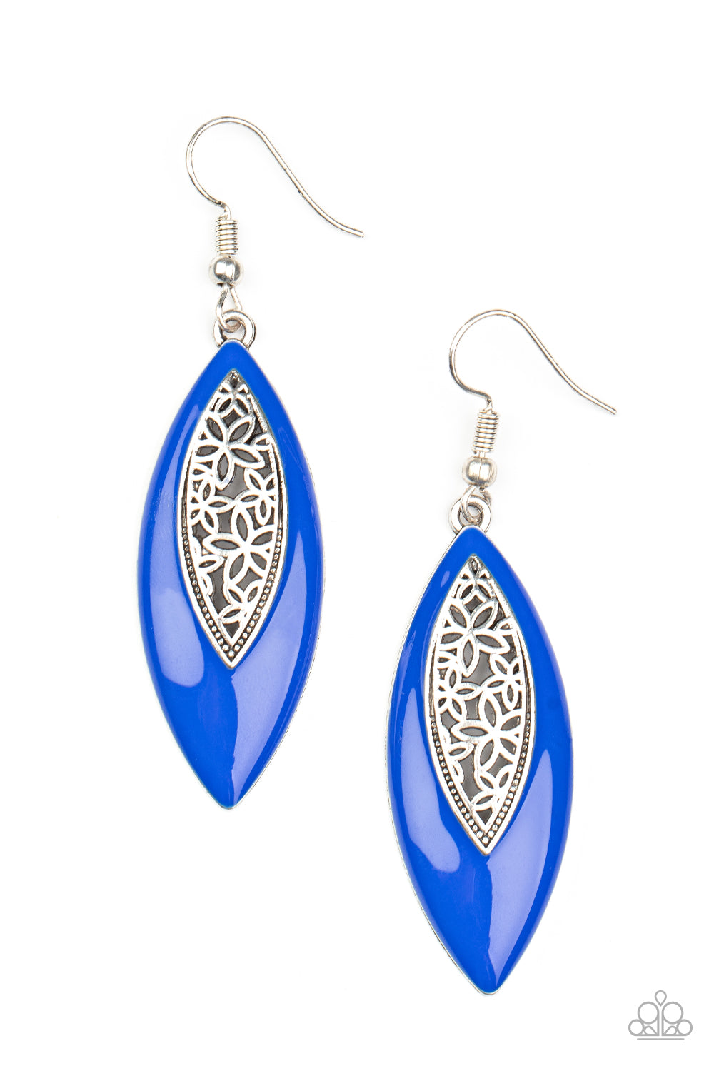 Venetian Vanity - Blue Fishhook Earrings a symmetrically bordered in a bright Mykonos Blue frame, airy silver filigree blooms along the center of a colorful lure for a seasonal flair. Earring attaches to a standard fishhook fitting. Sold as one pair of earrings. Paparazzi Jewelry is lead and nickel free so it's perfect for sensitive skin too!