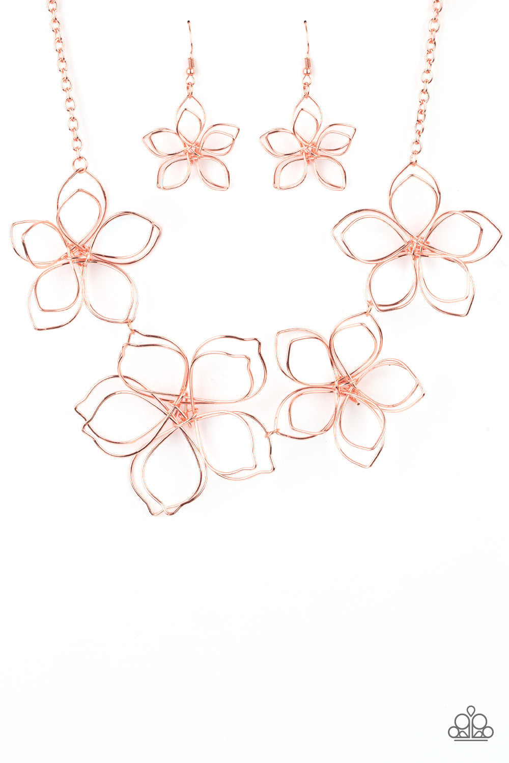 Paparazzi Accessories Flower Garden Fashionista - Copper Necklaces shiny copper wire delicately twists into oversized blossoms. Varying in size, the airy floral frames delicately link into an asymmetrical display as the layered frames elegantly pop beneath the collar. Features an adjustable clasp closure.