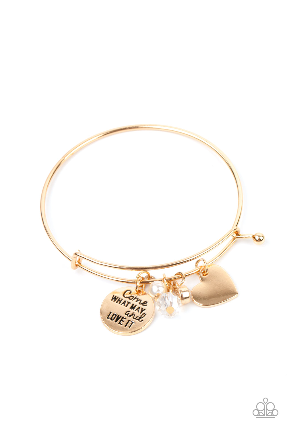 Come What May and Love It - Gold Charm Bracelet - Paparazzi infused with a shiny gold heart frame, a dainty gold disc stamped in the phrase, "Come what may and love it," joins pearl, crystal, and rhinestone charms along a bangle-like bracelet for a whimsy look. Features a toggle closure. Sold as one individual bracelet. Paparazzi Jewelry is lead and nickel free so it's perfect for sensitive skin too!