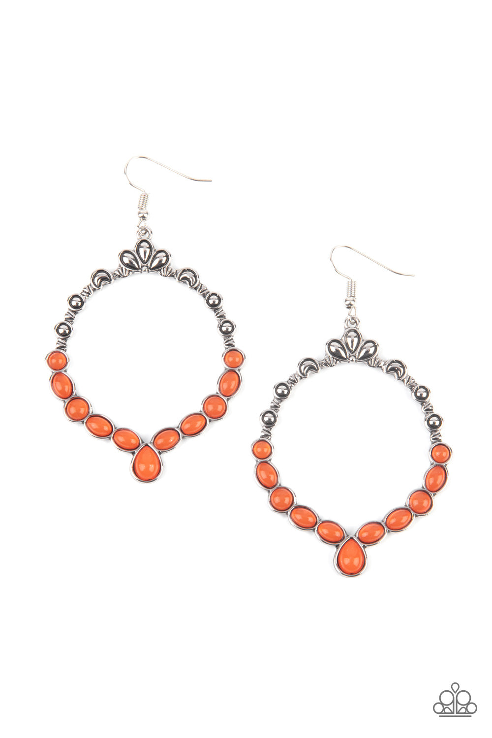 Thai Treasures - Orange Circular Earrings ornate floral motifs decorate the top half of an airy circular silver frame. A row of dewy orange oval and round beads creates a border along the lower half of the frame, culminating in a single teardrop accent for a demurely enchanting lure. Earring attaches to a standard fishhook fitting. Sold as one pair of earrings. Paparazzi Jewelry is lead and nickel free so it's perfect for sensitive skin too!