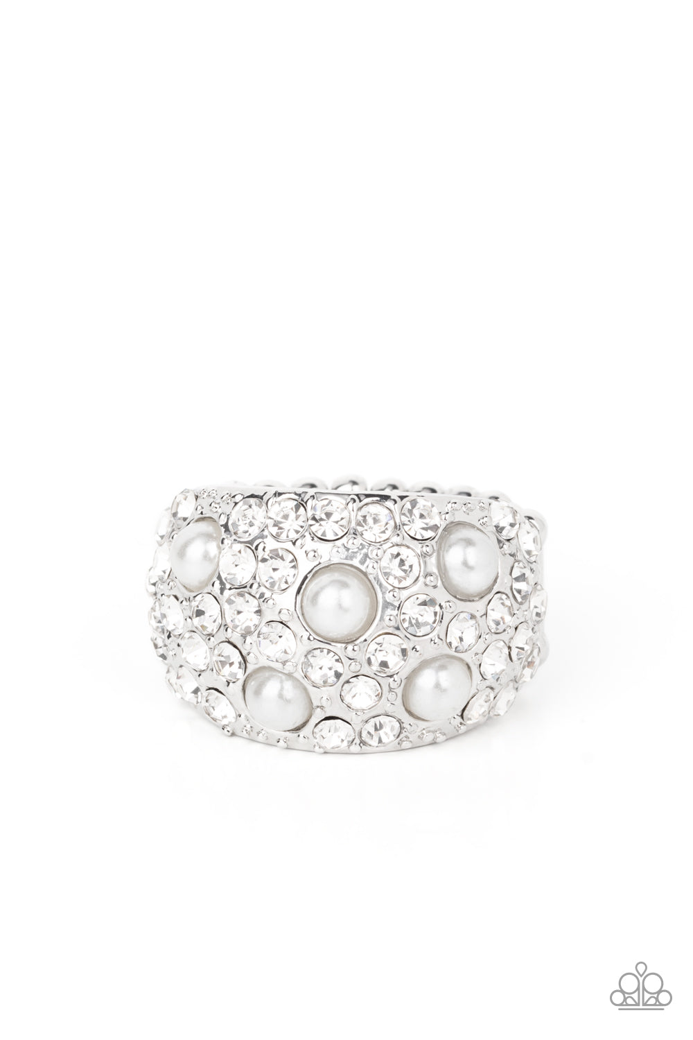 Paparazzi Accessories Gatsbys Girl - White Pearl Rings an explosion of dainty white rhinestones and bubbly white pearls are encrusted across the front of a thick silver band, creating a glamorous centerpiece atop the finger. Features a stretchy band for a flexible fit.