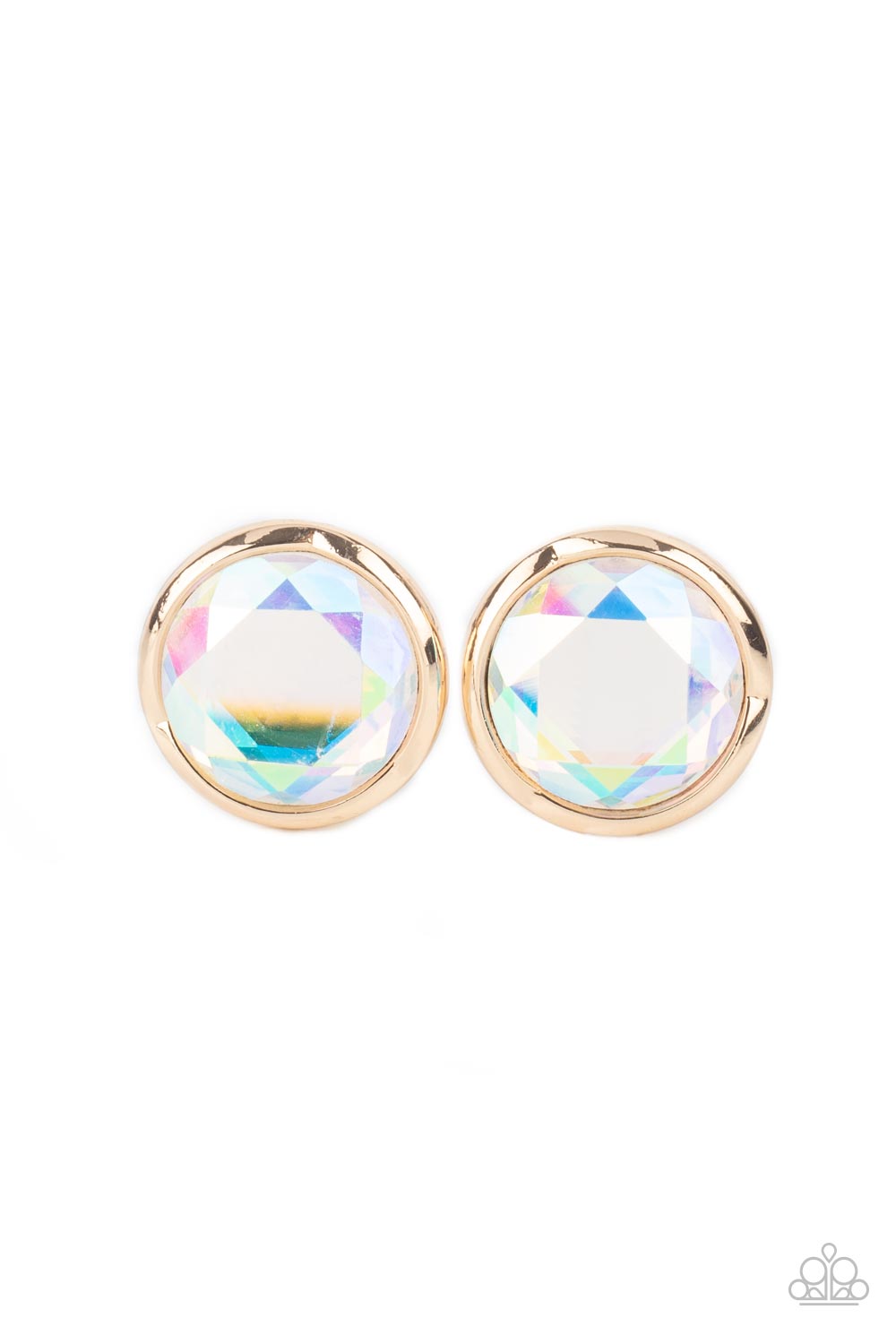 Double-Take Twinkle - Gold Iridescent Gem Post Earrings featuring a flashy faceted finish, an oversized iridescent gem is pressed into a sleek gold fitting for a dramatic pop of dazzle. Earring attaches to a standard post fitting.  Sold as one pair of post earrings.