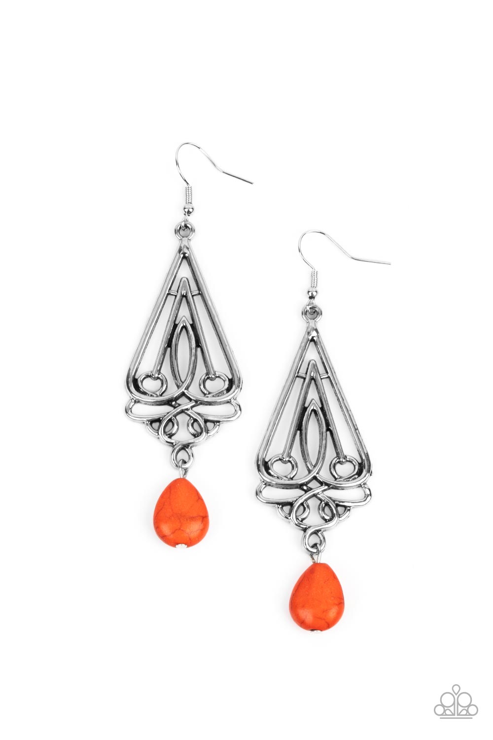 Transcendent Trendsetter - Orange Earrings a refreshing orange teardrop stone swings from the bottom of an ornate triangular frame, creating a seasonal statement. Earring attaches to a standard fishhook fitting.  Sold as one pair of earrings.  Paparazzi Jewelry is lead and nickel free so it's perfect for sensitive skin too!