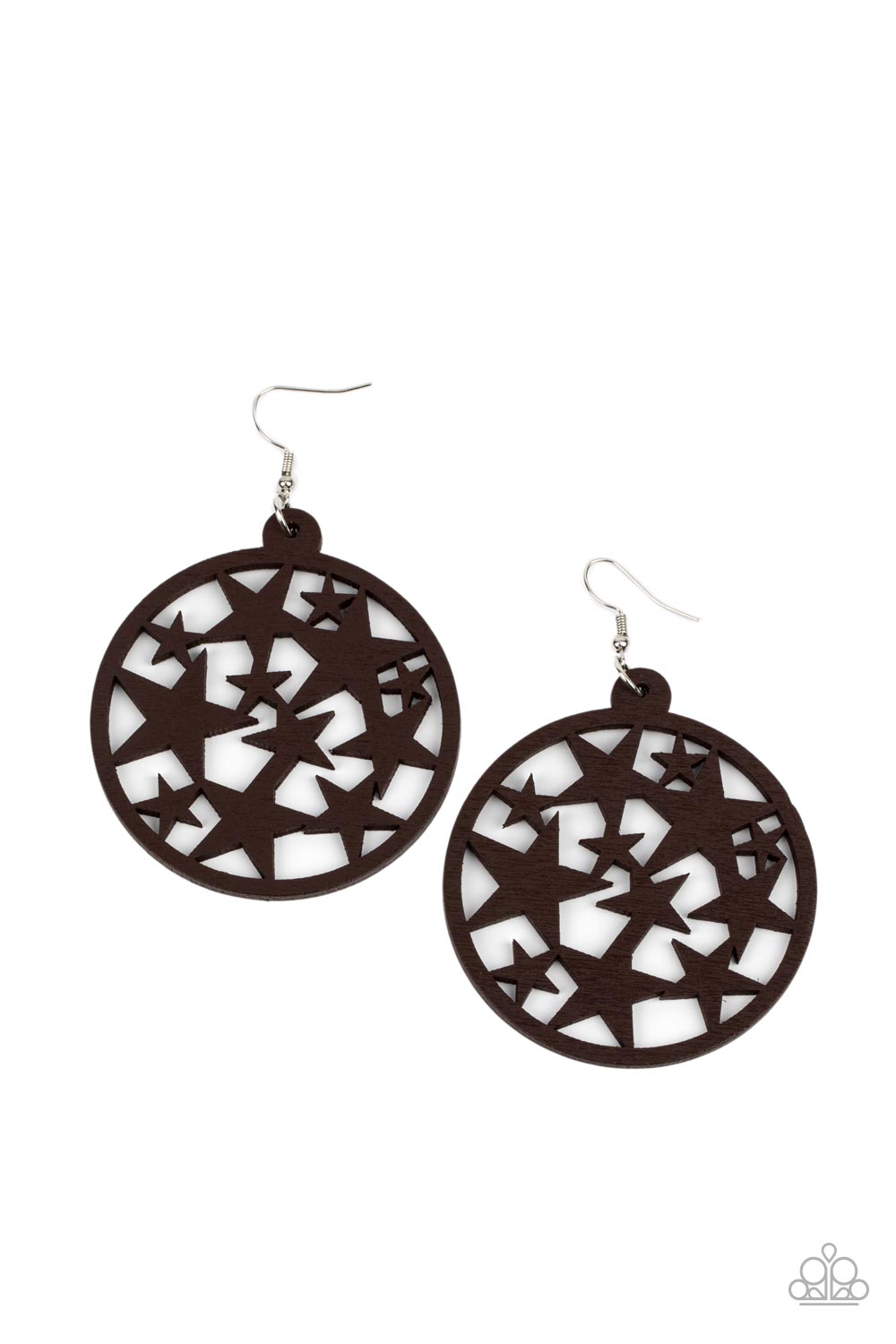 Cosmic Paradise - Brown Wood Star Earrings an oversized round brown wooden frame is filled with a cosmos of cut-out brown stars creating a whimsical statement. Earring attaches to a standard fishhook fitting. Sold as one pair of earrings.