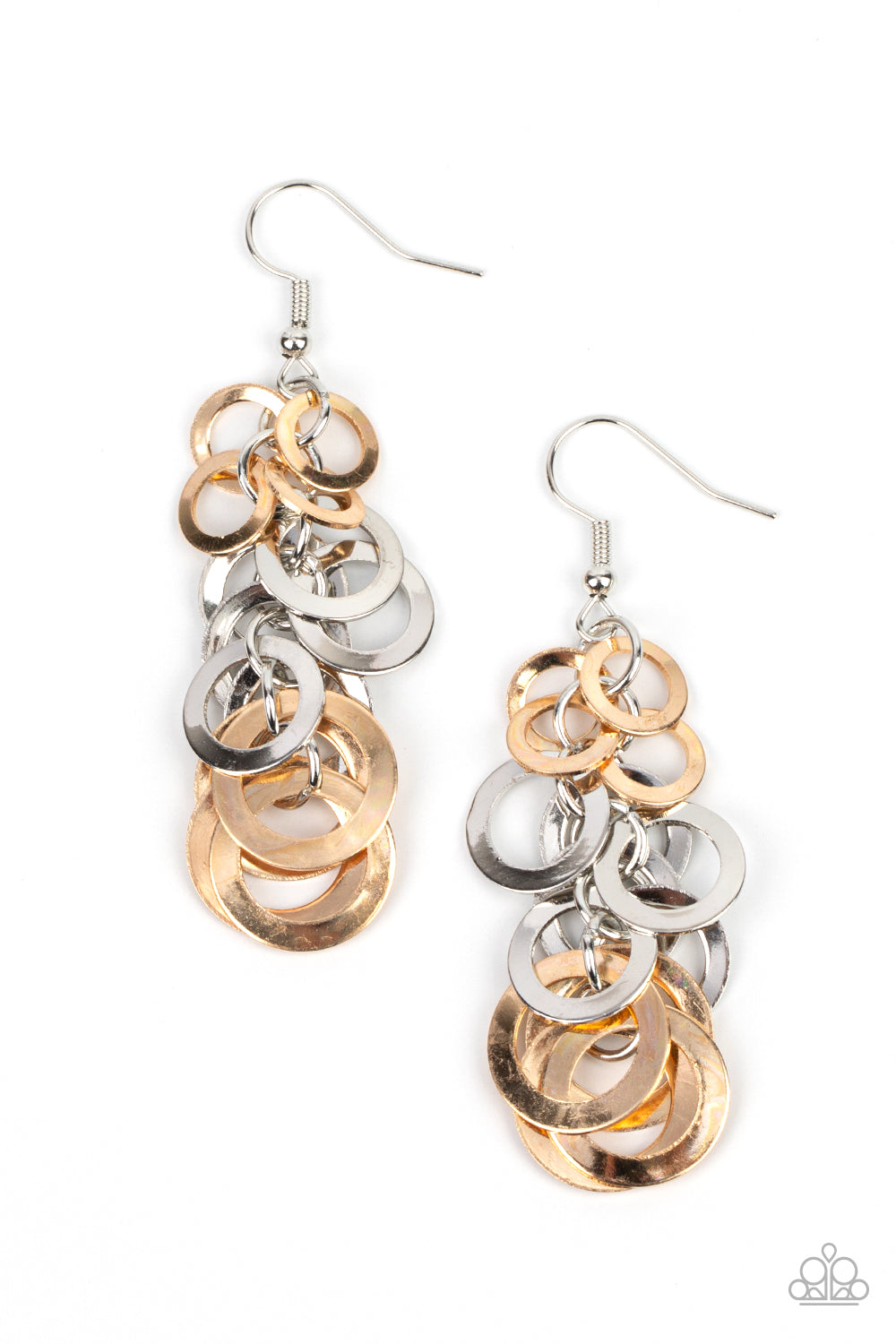 Paparazzi Accessories - Closed Circuit - Multi Earrings a cluster of flat gold and silver rings in graduating sizes are linked along a silver chain creating an intensely industrial chandelier. Earring attaches to a standard fishhook fitting. Sold as one pair of earrings.