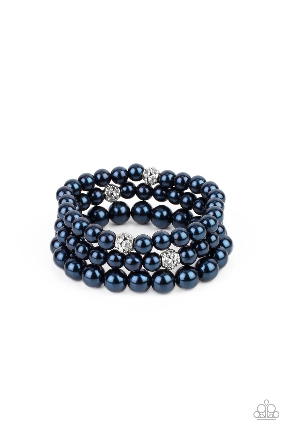 Here Comes the Heiress - Blue Pearl Stretch Bracelets infused with white rhinestone encrusted silver beads, a bubbly collection of mismatched blue pearls are threaded along stretchy bands around the wrist for a vintage inspired layered look. Sold as one set of three bracelets.