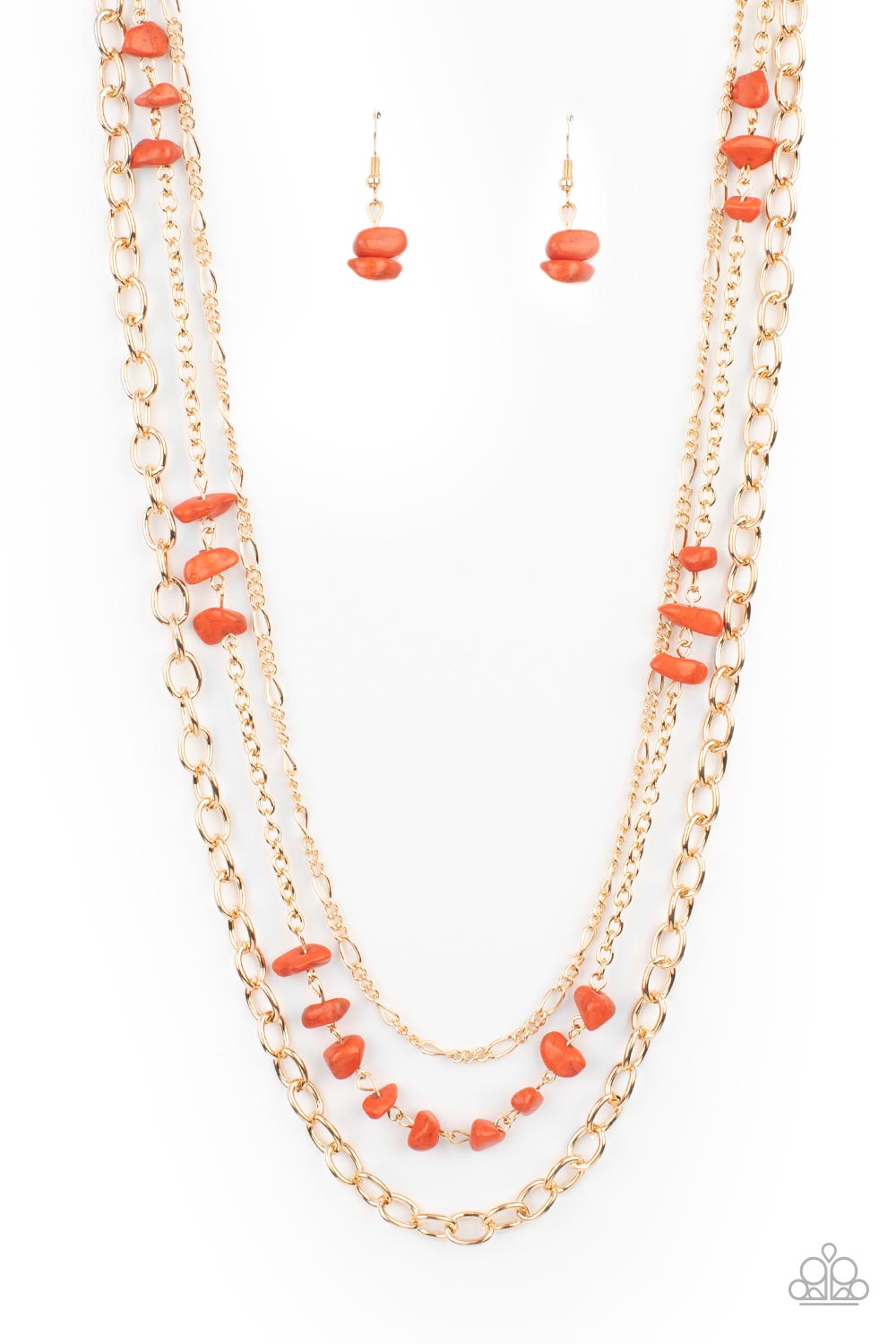 Artisinal Abundance - Orange Stone Necklaces infused with sections of refreshing orange stones, a trio of mismatched gold chains layer down the chest for a dash of earthy refinement. Features an adjustable clasp closure. Sold as one individual necklace. Includes one pair of matching earrings.