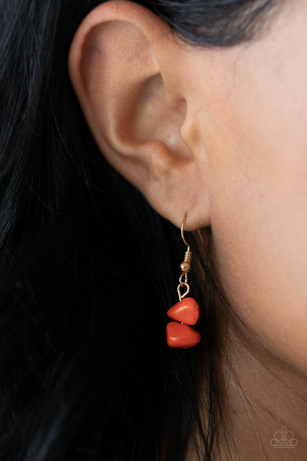 Artisinal Abundance - Orange Stone Necklaces infused with sections of refreshing orange stones, a trio of mismatched gold chains layer down the chest for a dash of earthy refinement. Features an adjustable clasp closure. Sold as one individual necklace. Includes one pair of matching earrings.