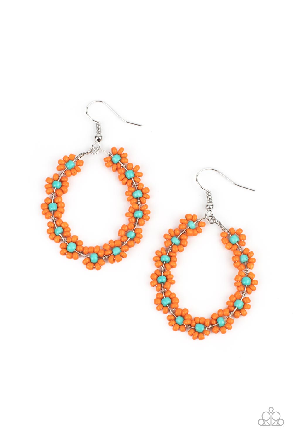 Festively Flower Child - Orange Seed Bead Earrings dotted with turquoise beaded centers, a dainty collection of orange seed beaded floral frames are threaded along a wire hoop for a fabulous floral fashion. Earring attaches to a standard fishhook fitting.  Sold as one pair of earrings.  Paparazzi Jewelry is lead and nickel free so it's perfect for sensitive skin too!