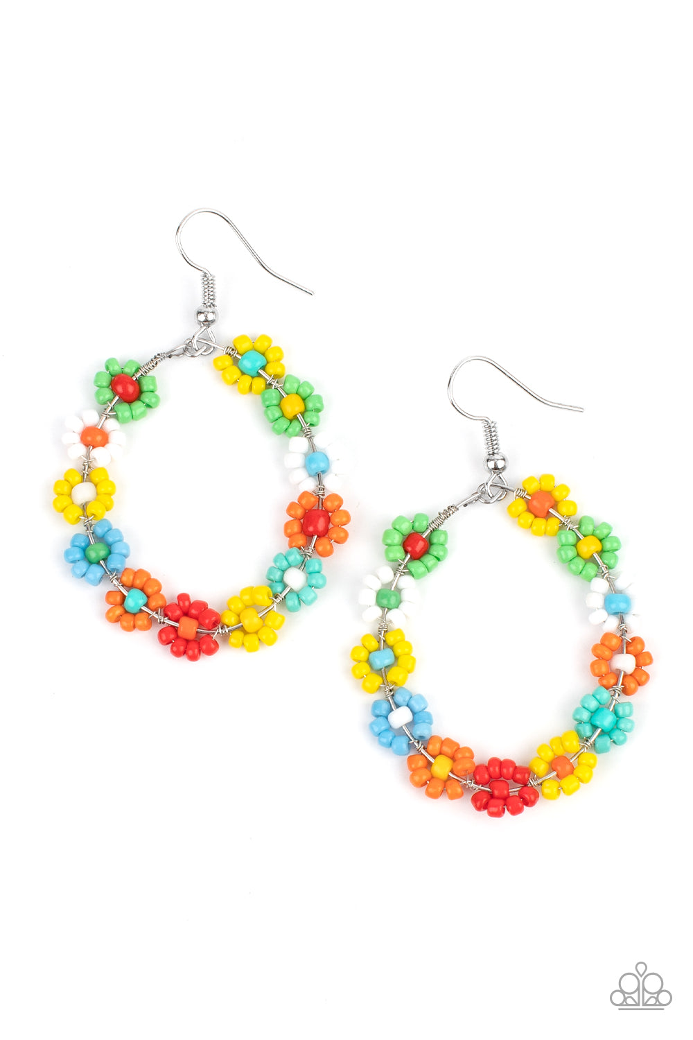 Festively Flower Child - Multi Hoop Earrings dotted with mismatched multicolored beaded centers, a dainty collection of multicolored seed beaded floral frames are threaded along a wire hoop for a fabulous floral fashion. Earring attaches to a standard fishhook fitting. Sold as one pair of earrings. Paparazzi Jewelry is lead and nickel free so it's perfect for sensitive skin too!