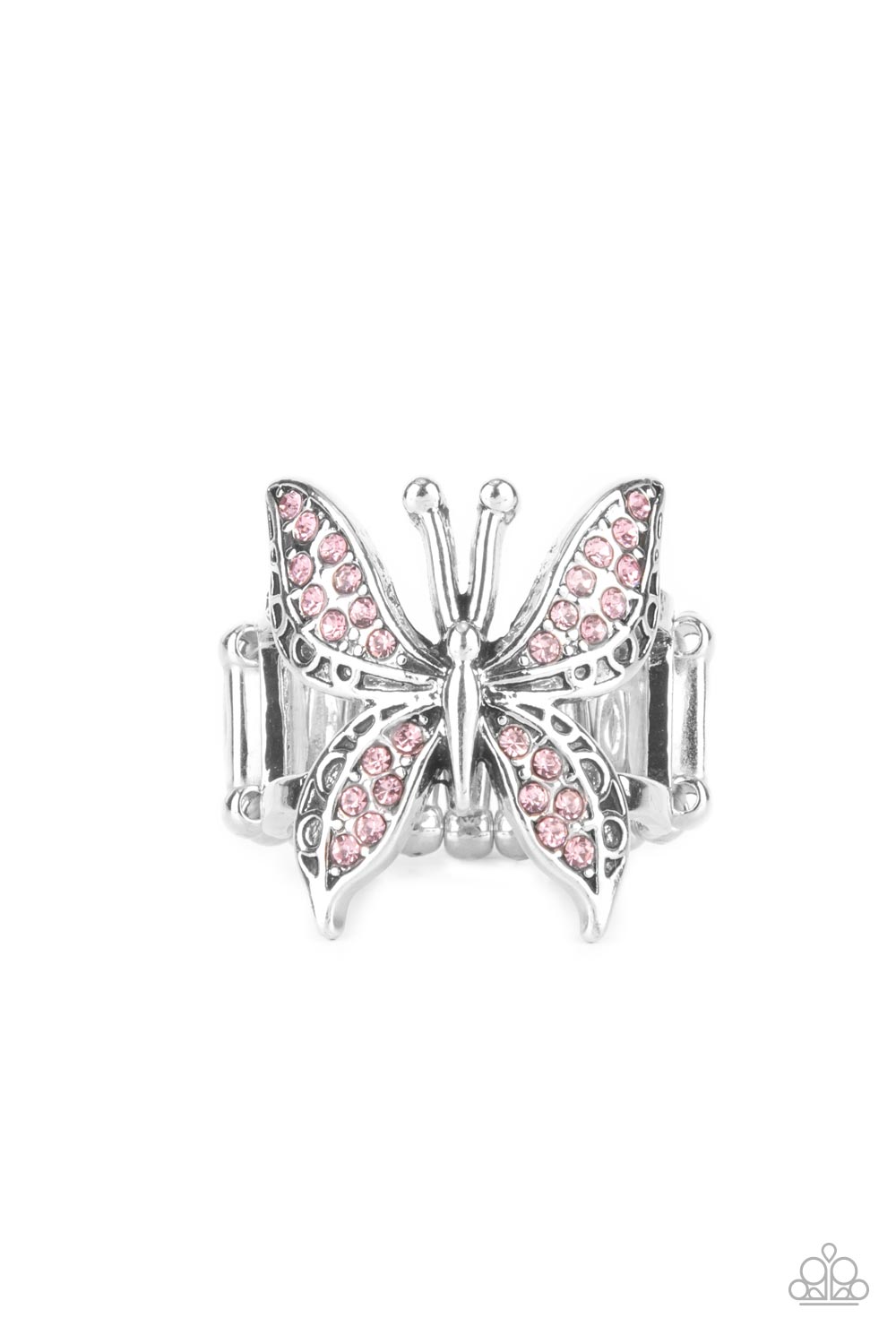 Blinged Out Butterfly - Pink Rhinestone Rings glittery sections of pink rhinestones delicately encrust the decorative wings of a silver butterfly, creating a whimsically fluttering centerpiece atop the finger. Features a stretchy band for a flexible fit.  Sold as one individual ring.