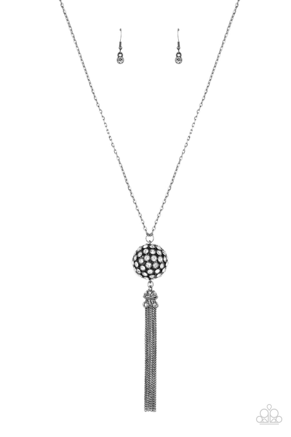 Rhinestone Revolution - Black Long Rhinestone Necklaces infused with gunmetal studded fittings, a glittery collection of sparkly white rhinestones coalesce into a dramatic pendant at the bottom of a lengthened gunmetal chain. Capped in a rhinestone dotted frame, a shimmery gunmetal tassel streams out from the blinding pendant for a flirtatious finish. Features an adjustable clasp closure. Sold as one individual necklace. Includes one pair of matching earrings.