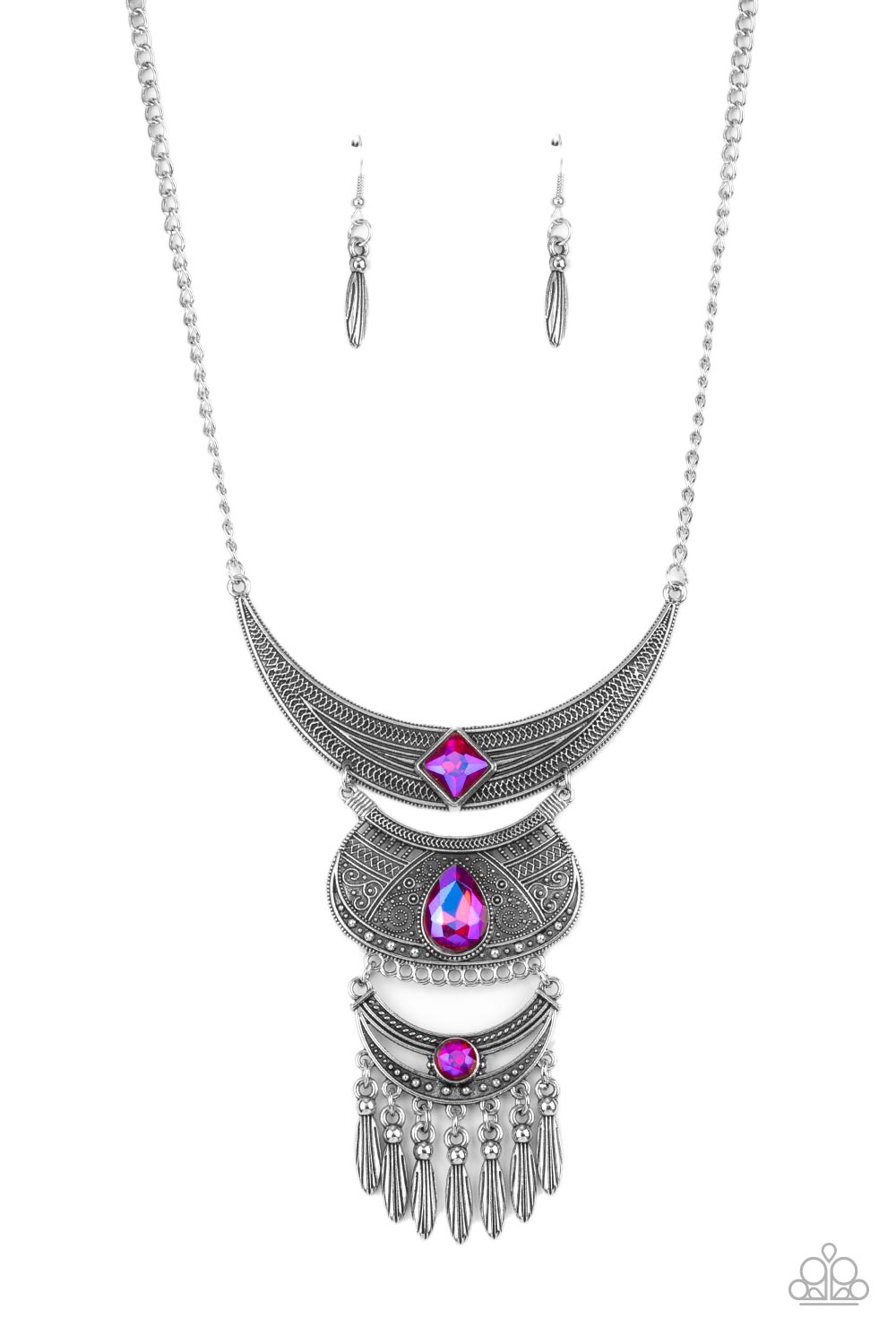 Lunar Enchantment - Pink Rhinestone Necklaces embossed in studded, geometric, and paisley filigree-like patterns, three mismatched silver half moon plates dramatically link below the collar. Featuring an entrancing pink UV shimmer, an oversized collection of square, teardrop, and round rhinestones embellish the decorative silver frames, while a silver beaded fringe swings from the lowermost plate for a noisemaking finish. Features an adjustable clasp closure. Sold as one individual necklace.