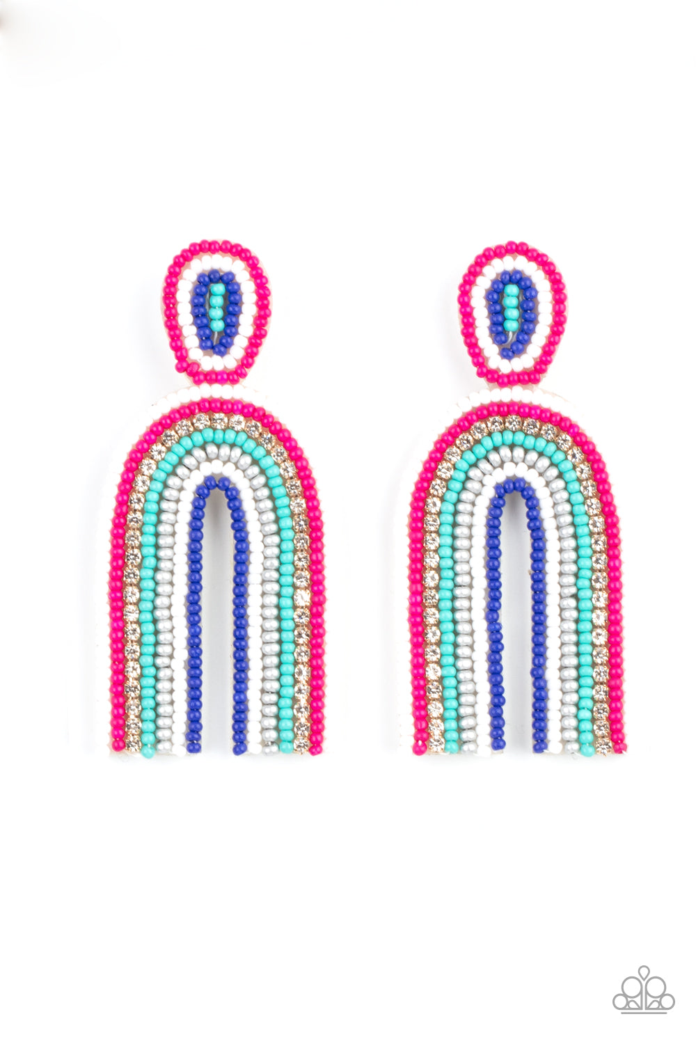 Rainbow Remedy Multi Seedbead Earrings - Paparazzi Jewelry infused with a single row of glassy white rhinestones, dainty strands of white, pink, turquoise, silver, and blue seed beads stack into a colorful rainbow at the bottom of a matching seed beaded fitting. Earring attaches to a standard post fitting.