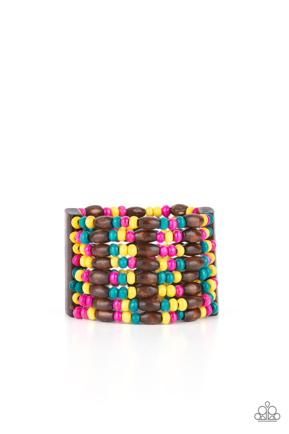 Paparazzi Accessories Tropical Nirvana - Multi Wood Bracelets held together with brown wooden rectangular frames, mismatched rows of oval brown and round multicolored wooden beads are threaded along stretchy bands around the wrist for a whimsically layered look. Sold as one individual bracelet.