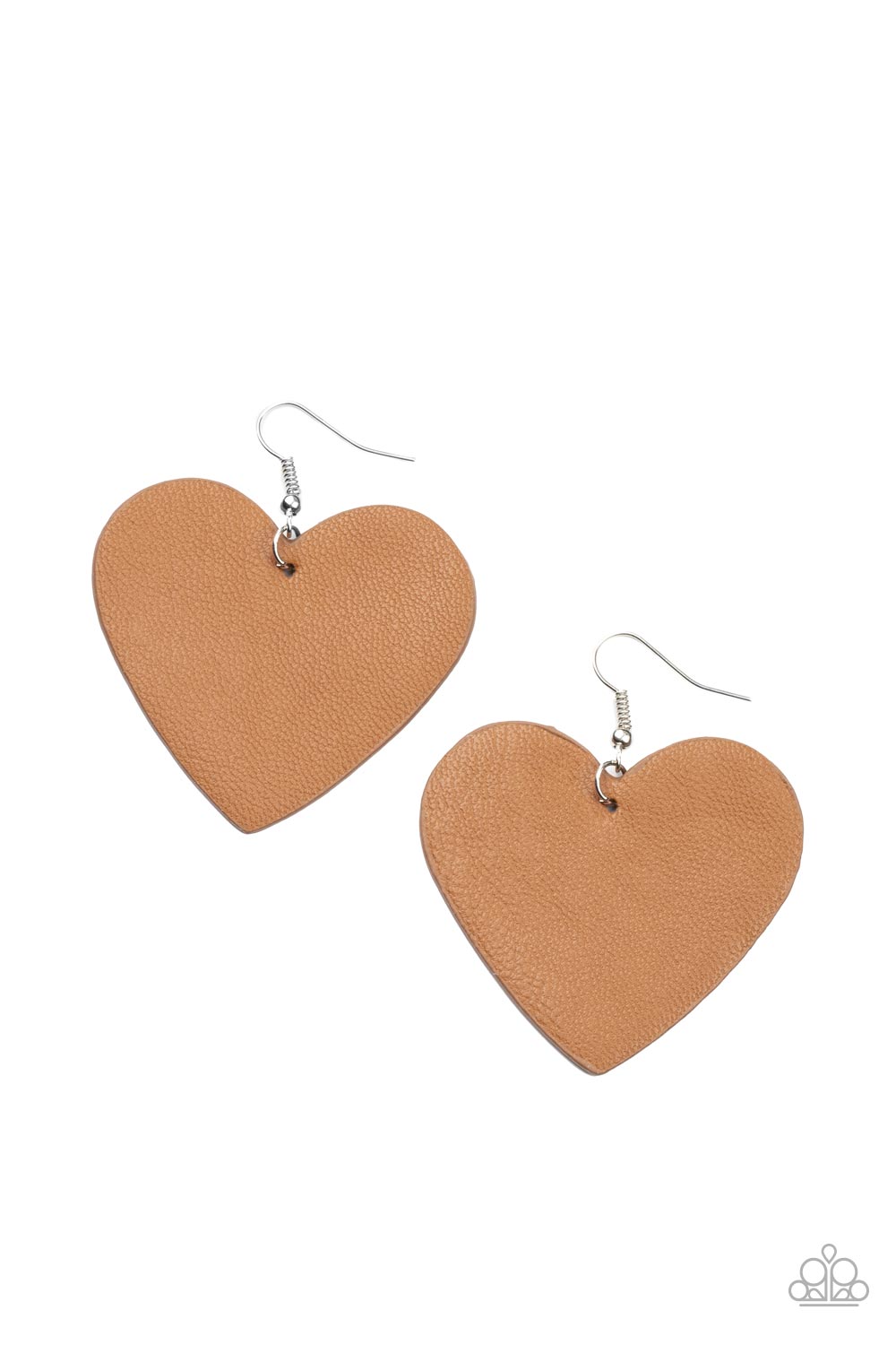 Country Crush - Brown Heart Leather Earrings a tan leather heart frame swings from the ear for a flirtatiously neutral pop of color. Earring attaches to a standard fishhook fitting.  Sold as one pair of earrings.  Paparazzi Jewelry is lead and nickel free so it's perfect for sensitive skin too!