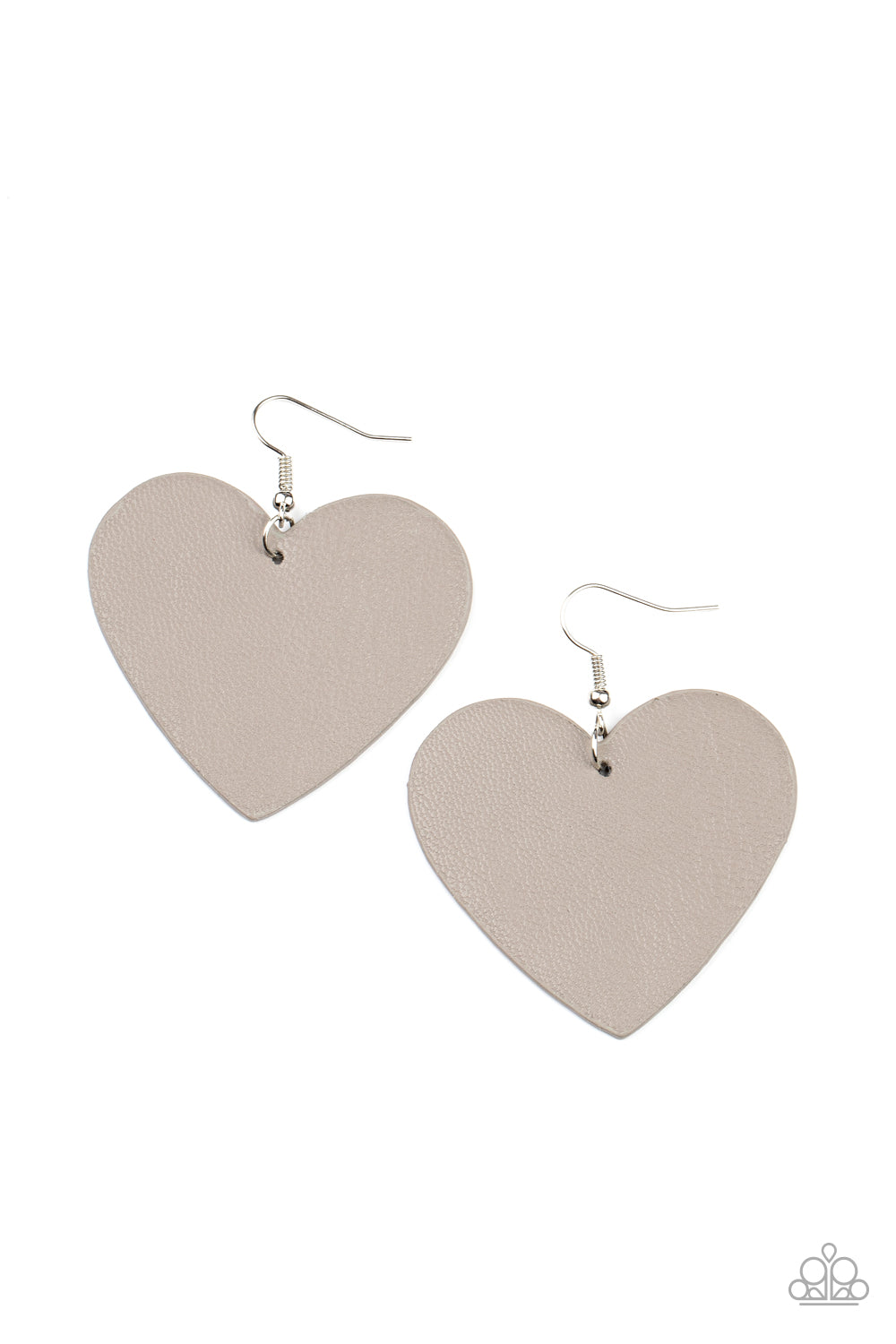 Country Crush - Silver Leather Heart Earringsban Ultimate Gray leather heart frame swings from the ear for a flirtatiously neutral pop of color. Earring attaches to a standard fishhook fitting. Sold as one pair of earrings. Paparazzi Jewelry is lead and nickel free so it's perfect for sensitive skin too!