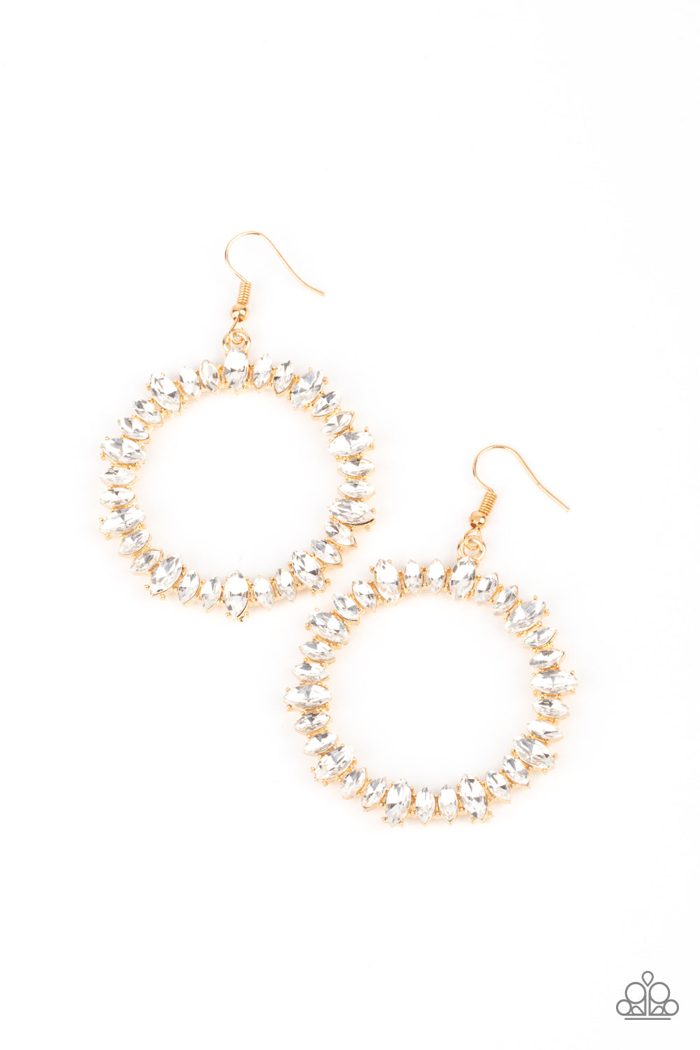 Paparazzi Accessories Glowing Reviews - Gold Fishhook Earrings encased in gold pronged fittings, an incandescent array of white marquise cut rhinestones delicately coalesce into a glowing hoop. Earring attaches to a standard fishhook fitting.