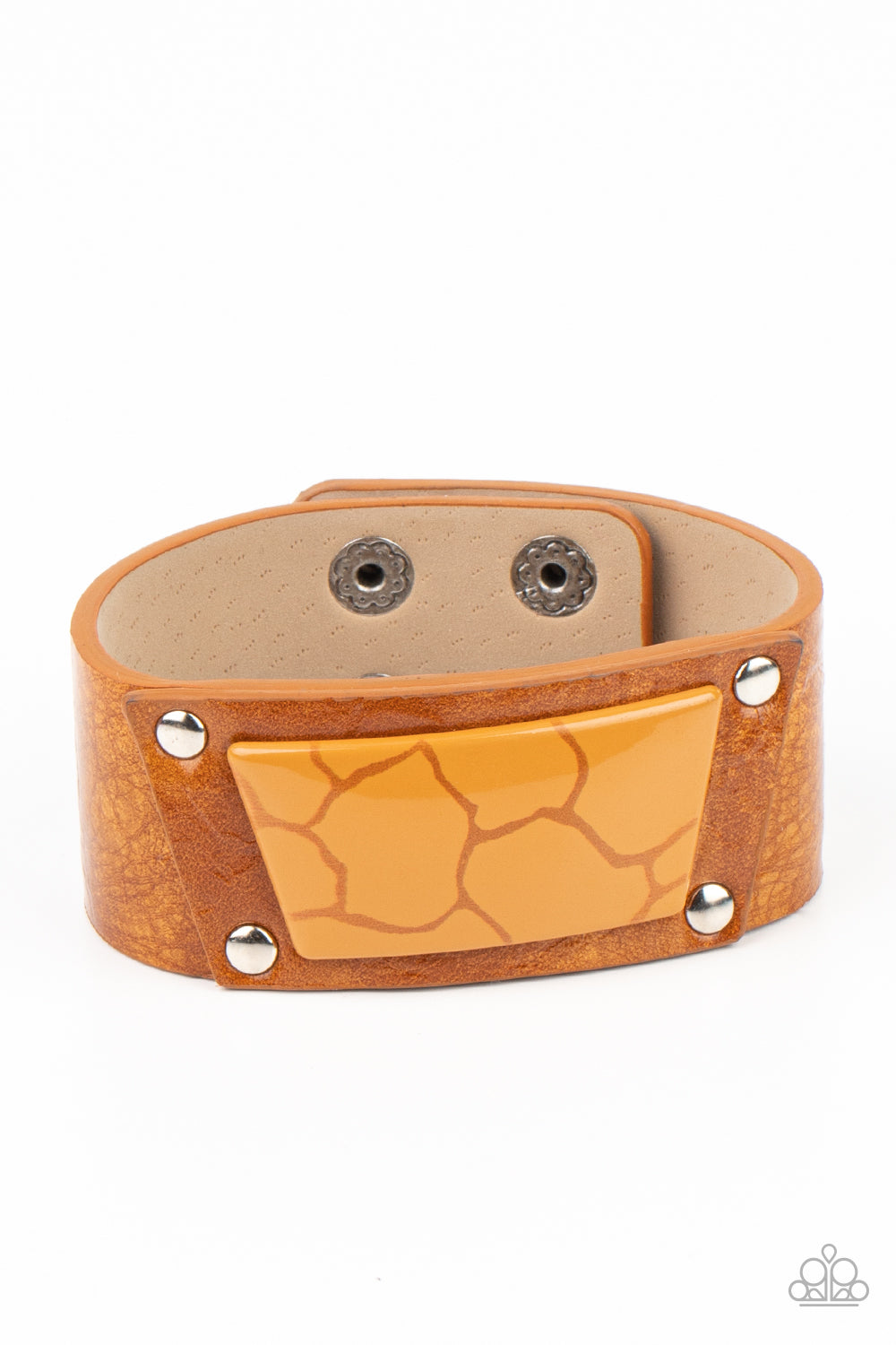 Geo Glamper - Brown Leather Bracelets featuring a faux marble finish, a brown acrylic centerpiece attaches to a tan leather frame that is studded in place along a distressed tan leather band for a colorfully rustic fashion. Features an adjustable snap closure. Sold as one individual bracelet.