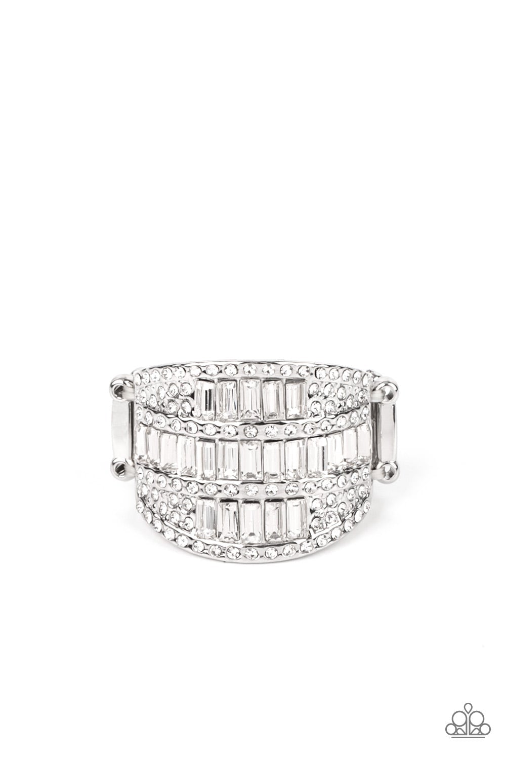 Red Carpet Redux - White Rhinestone LOP Rings the front of a silver oval frame is encrusted in stacked rows of emerald and round cut white rhinestones, coalescing into a blinding centerpiece atop the finger. Features a stretchy band for a flexible fit. Sold as one individual ring.