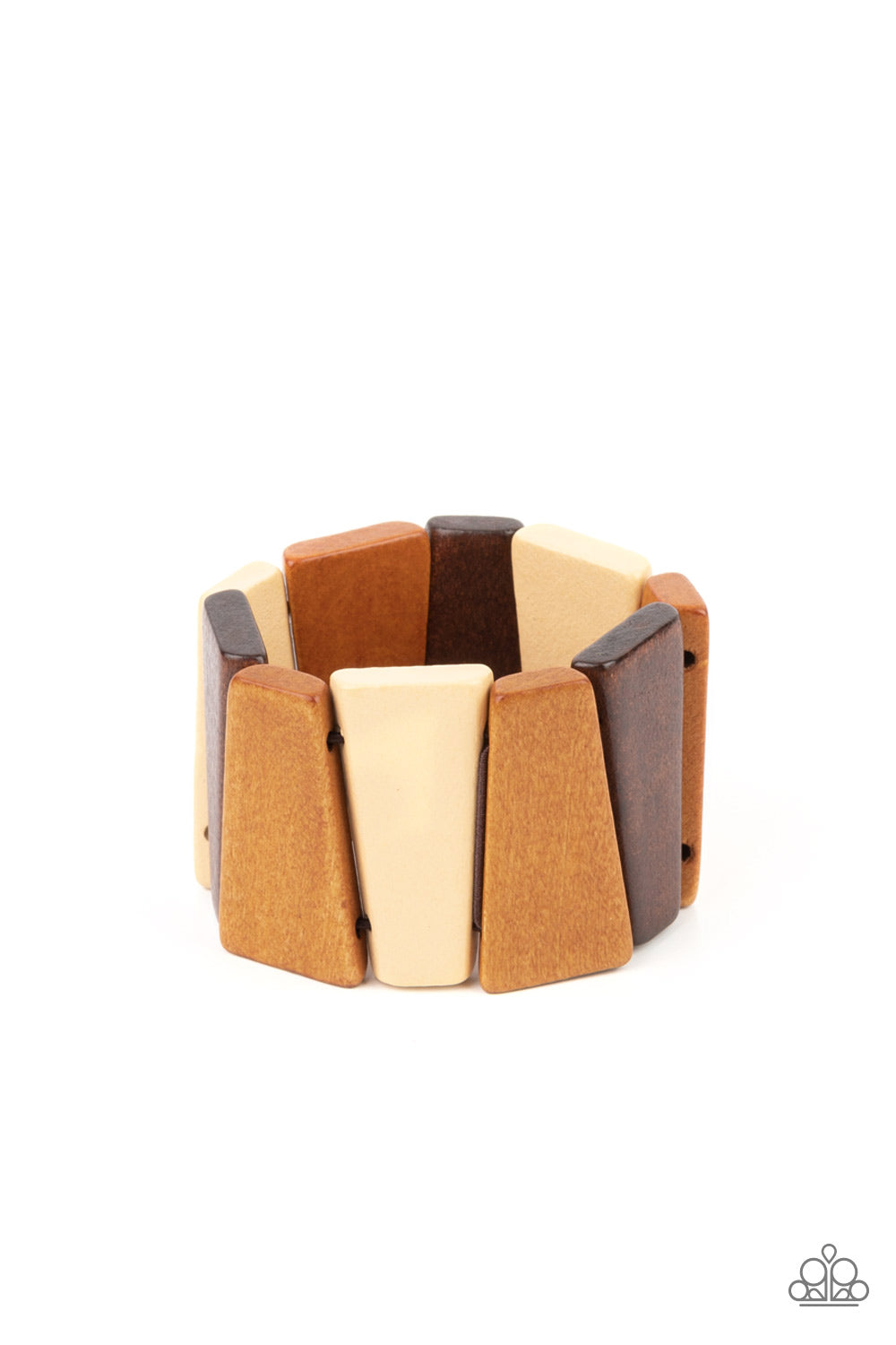 Barbados Backdrop - Multi Wood Frame - Paparazzi Accessories tinted in various shades of brown, chunky triangular wooden frames are threaded along stretchy bands around the wrist for an earthy look. Sold as one individual bracelet.