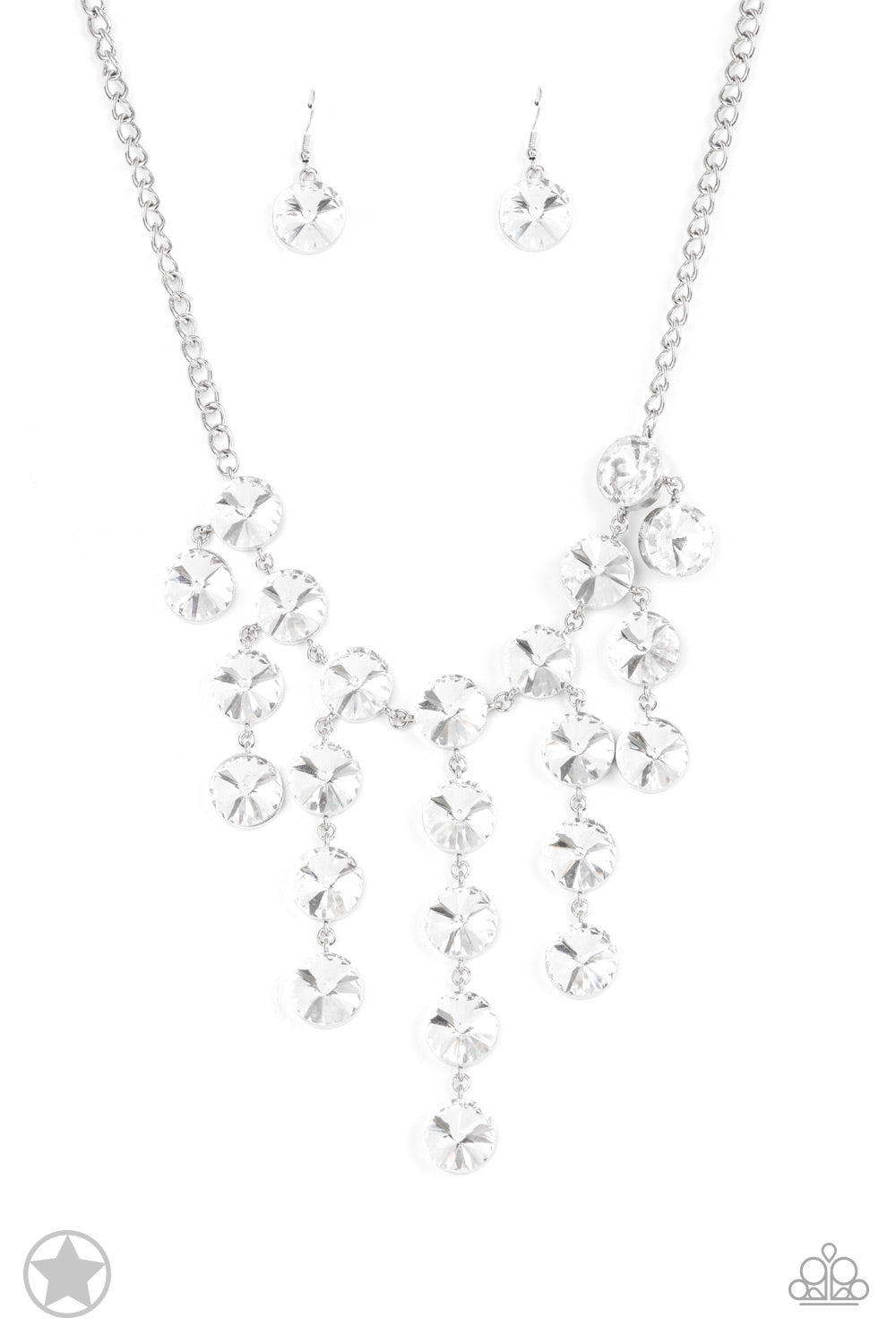 Spotlight Stunner - White Rhinestone Blockbuster Necklaces encased in sleek silver fittings, dramatically oversized white rhinestones delicately link into twinkly tassels that taper off into a jaw-dropping fringe below the collar. Features an adjustable clasp closure.  Sold as one individual necklace. Includes one pair of matching earrings.  Paparazzi Jewelry is lead and nickel free so it's perfect for sensitive skin too!