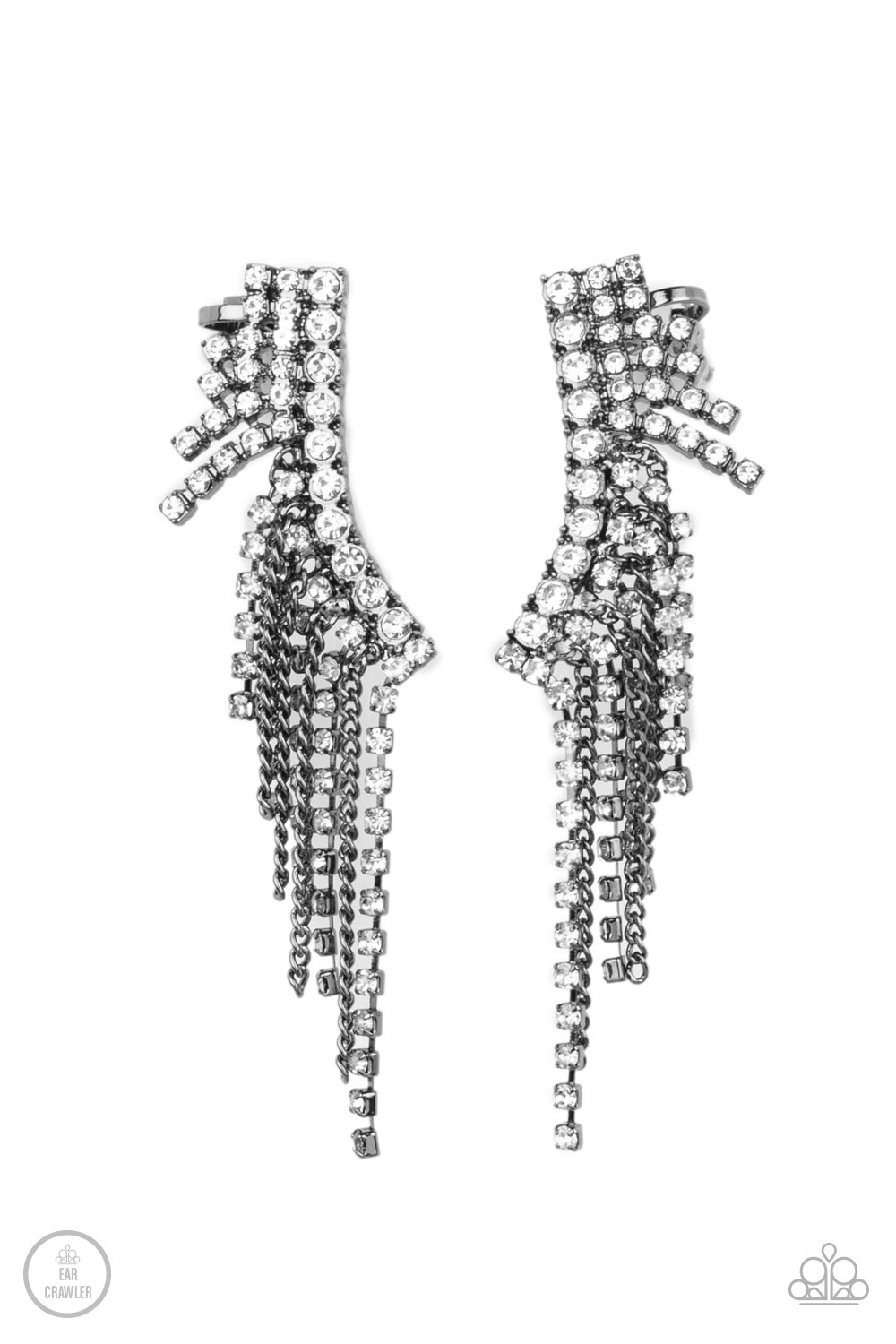Paparazzi Accessories - Thunderstruck Sparkle - Black Ear Crawlers Earrings a tapered fringe of dainty gunmetal chains and glittery strands of white rhinestones cascades from the edge of a curving white rhinestone encrusted frame, creating an edgy centerpiece. Features a clip-on fitting at the top for a secure fit. Sold as one pair of ear crawlers.