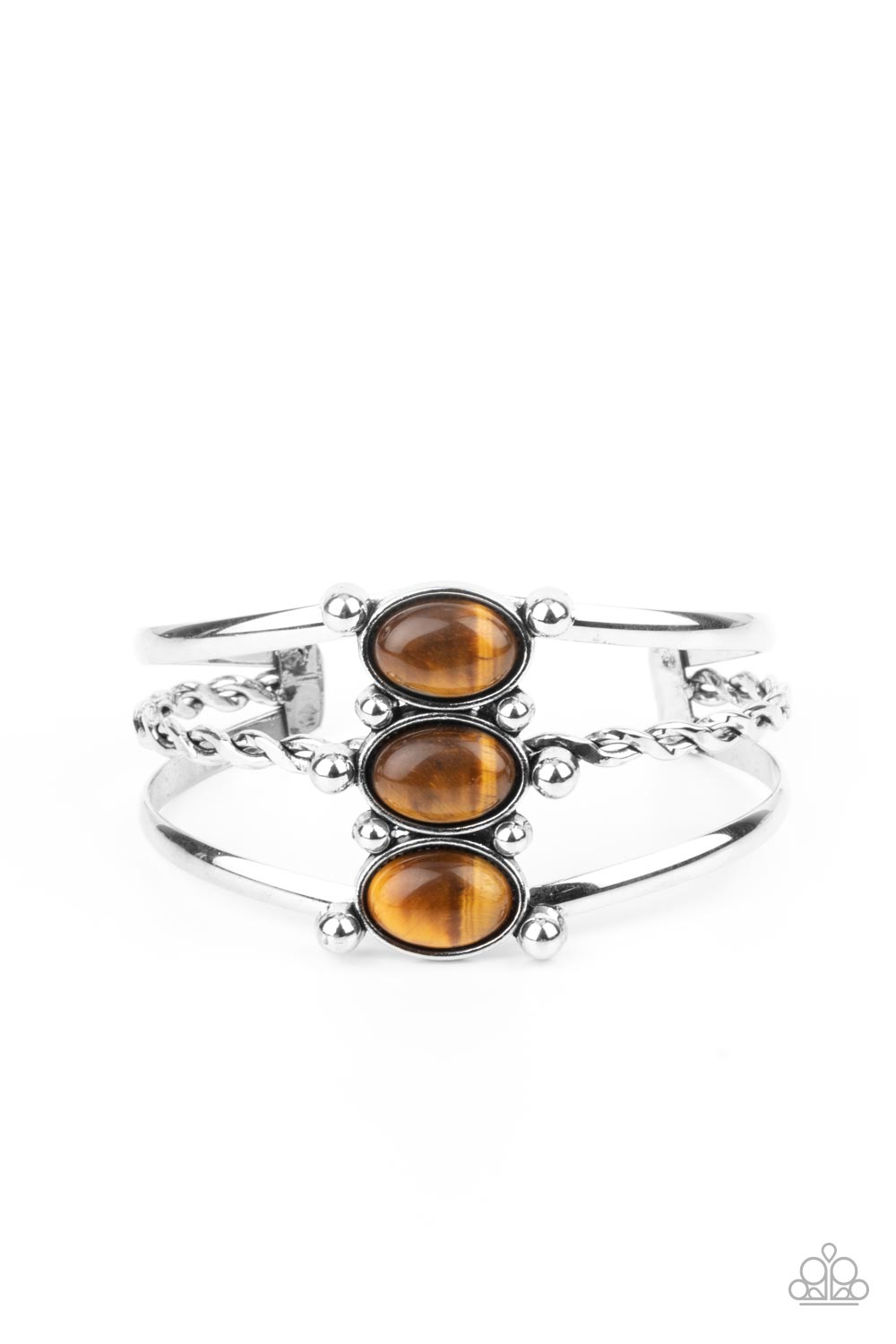 Extra Earthy - Brown Tiger's Eye Bracelets featuring silver studded fittings, an earthy trio of oval tiger's eye stones adorn the center of an ornately layered silver cuff for a seasonal finish. Sold as one individual bracelet.