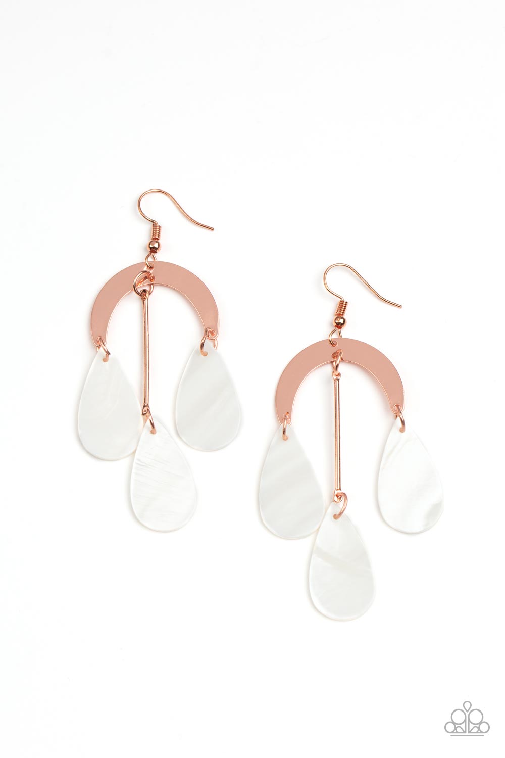 Paparazzi Accessories Atlantis Ambience - Copper Earrings white shell-like teardrops trickle from the bottom of a shiny copper rod and shiny copper half moon frame, creating an ocean inspired chandelier. Earring attaches to a standard fishhook fitting. Sold as one pair of earrings.