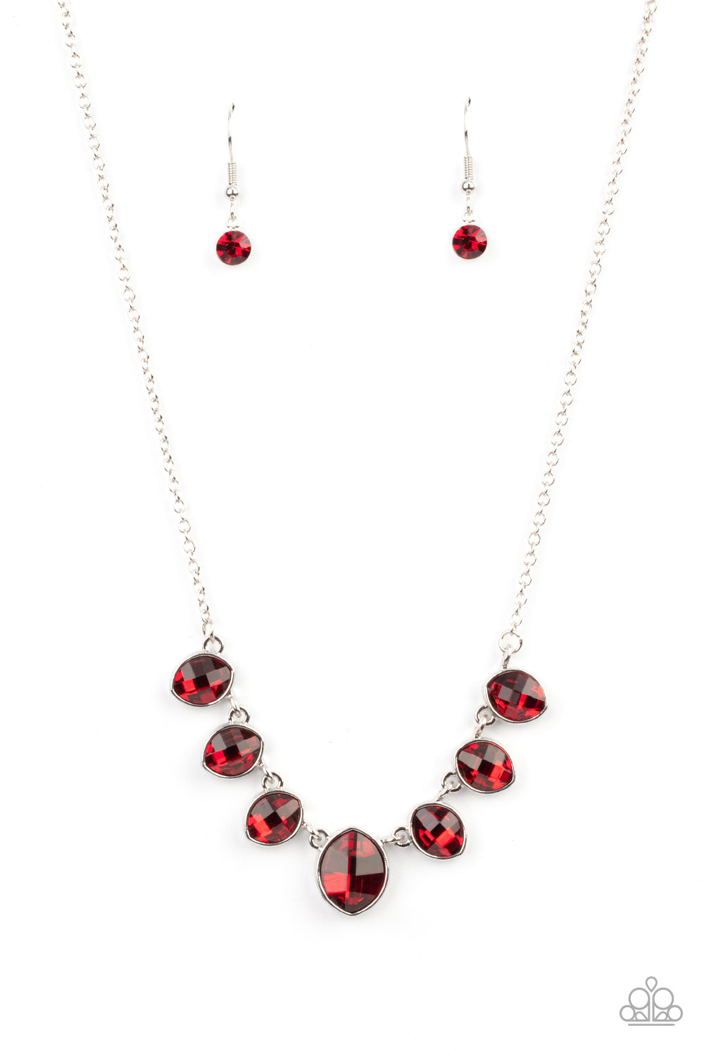 Material Girl Glamour - Red Necklaces encased in sleek silver fittings, elegant cut fiery red rhinestones delicately connect below the collar. An oversized red rhinestone adorns to the middle of the glittery strand, creating a sparkly centerpiece. Features an adjustable clasp closure. Sold as one individual necklace. Includes one pair of matching earrings. Paparazzi Jewelry is lead and nickel free so it's perfect for sensitive skin too!