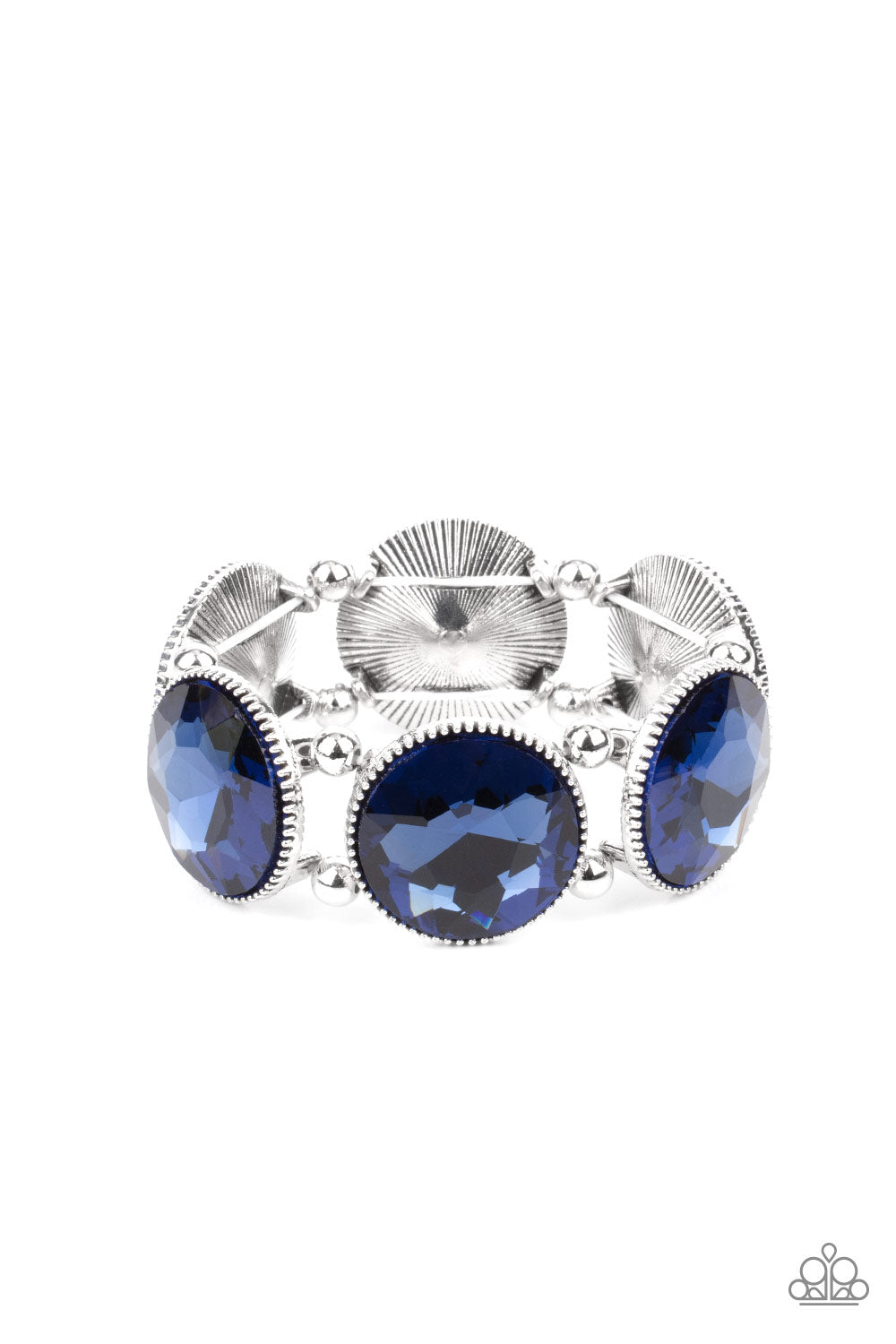 Powerhouse Hustle - Blue Rhinestone Bracelets infused with pairs of silver beads, a glitzy collection of dramatically oversized Rhodonite rhinestone frames are threaded along stretchy bands around the wrist for a jaw-dropping dazzle. Sold as one individual bracelet.